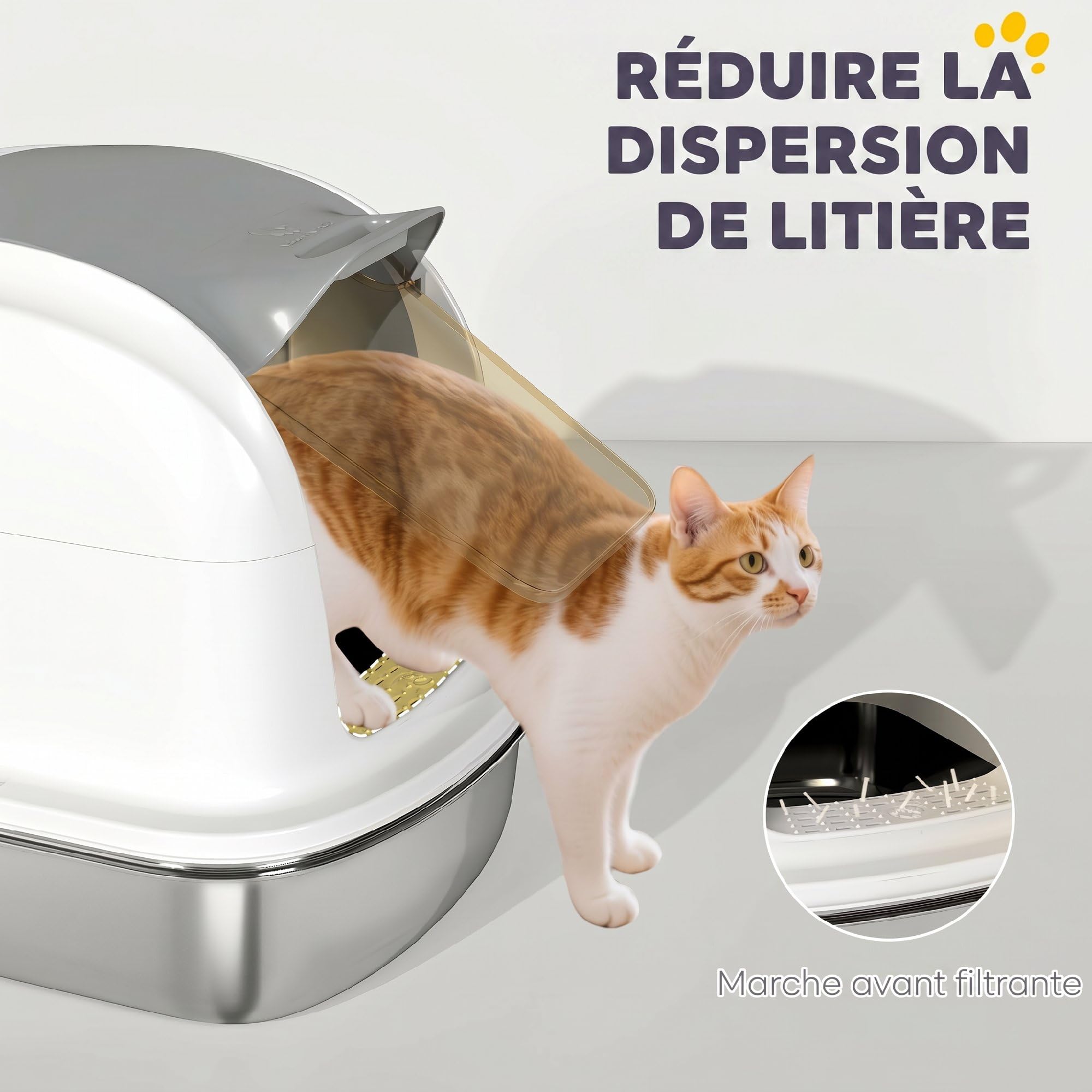 PawHut Bac à Litière pour Chat en Acier Inoxydable XL avec Couvercle Blanc