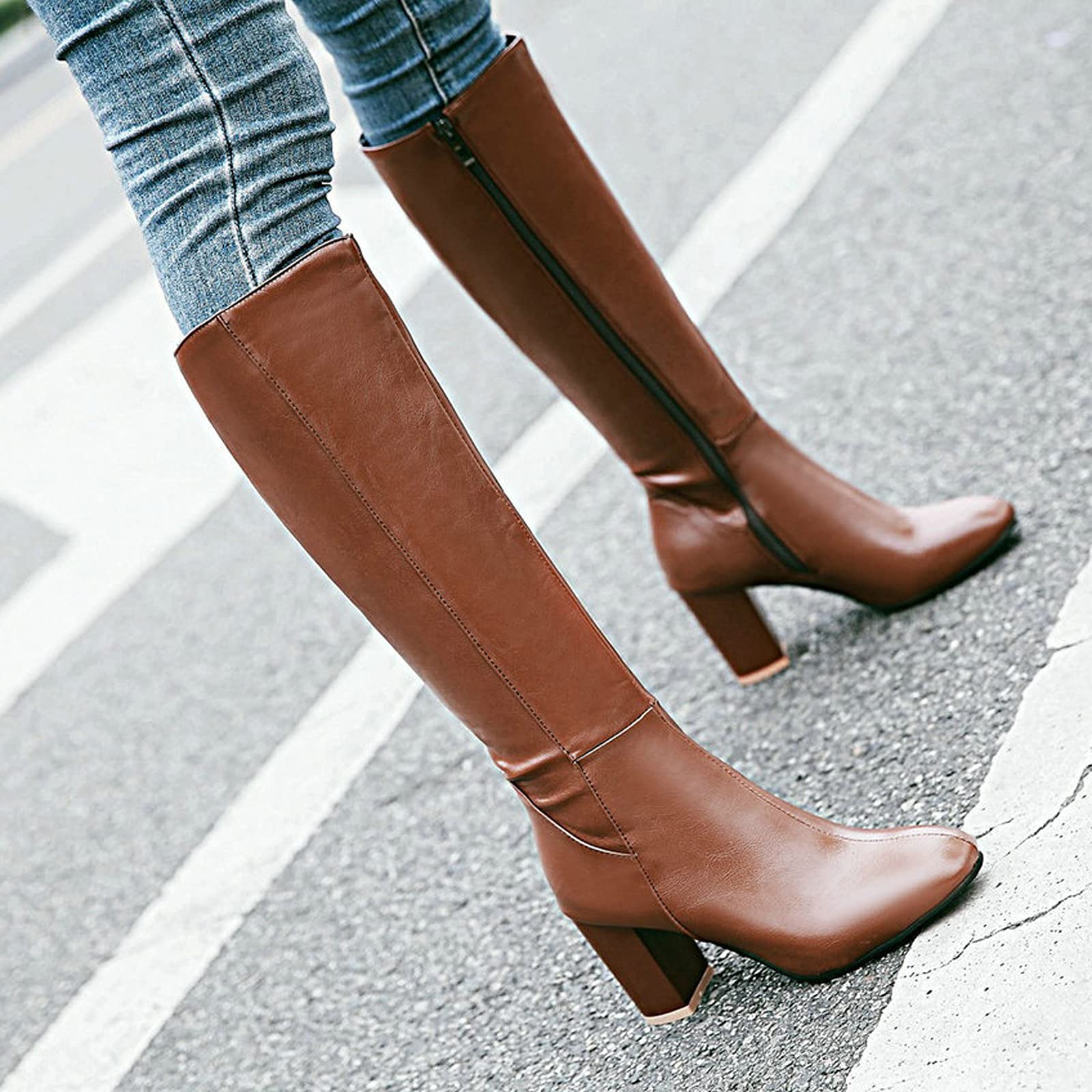 Damen Stiefeletten Warme Lange Stiefel Hohe Stiefel Boots Elegante Sexy Runde Zehe Plattformen High Heel Stiefel Frauen Herbst Winter Reißverschluss PU Lederstiefel Schuhe
