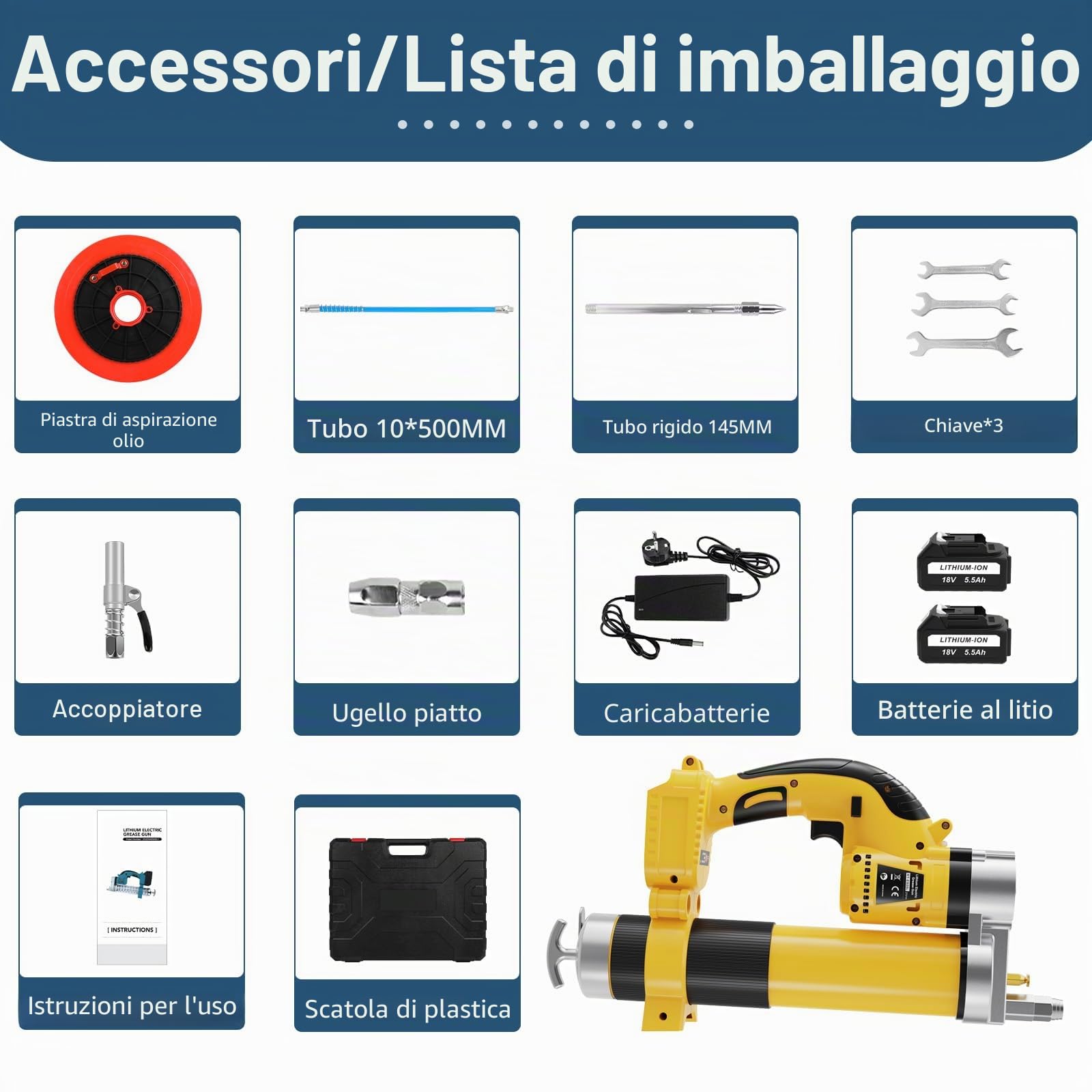 Pompa per grasso a batteria 18V, Kit pompa elettrica per grasso con 2 batterie e caricabatterie, motore brushless 8000 PSI, batteria agli ioni di litio 18V 5,5Ah per veicoli e macchine