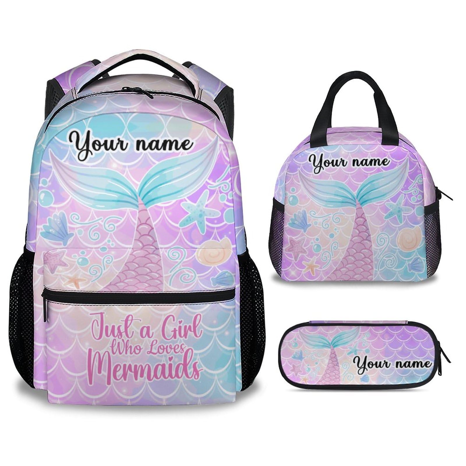 AIOMXZZ Personalized Mermaid Backpack with Lunch Box Set for Girls, 3 in 1 School Backpacks Matching Combo, Cartoon Pink Bookbag and Pencil Case