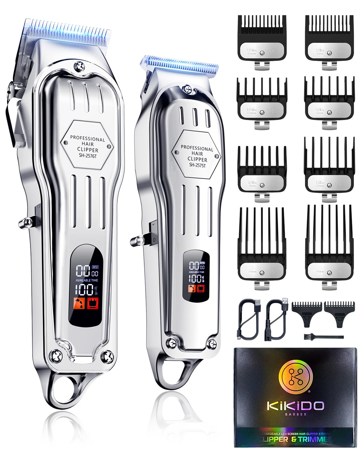 KIKIDO Hair Clippers Professional Cordless for Men, Barber Clippers for Hair Cutting Kit, Wireless LCD Display Hair Trimmers Set, Rechargeable Haircut Machine for Family (Sliver)