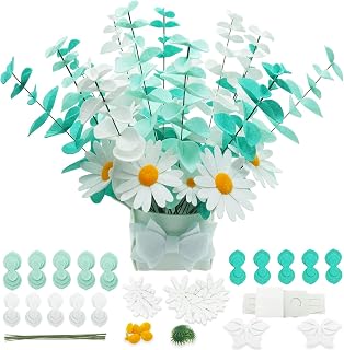 BAZIMA Kit de flores de fieltro y eucalipto, kit de margaritas de fieltro y eucalipto, kit de 15 eucaliptos y 8 margaritas, regalos florales, organizar flores de fieltro precortadas y follaje (verde,