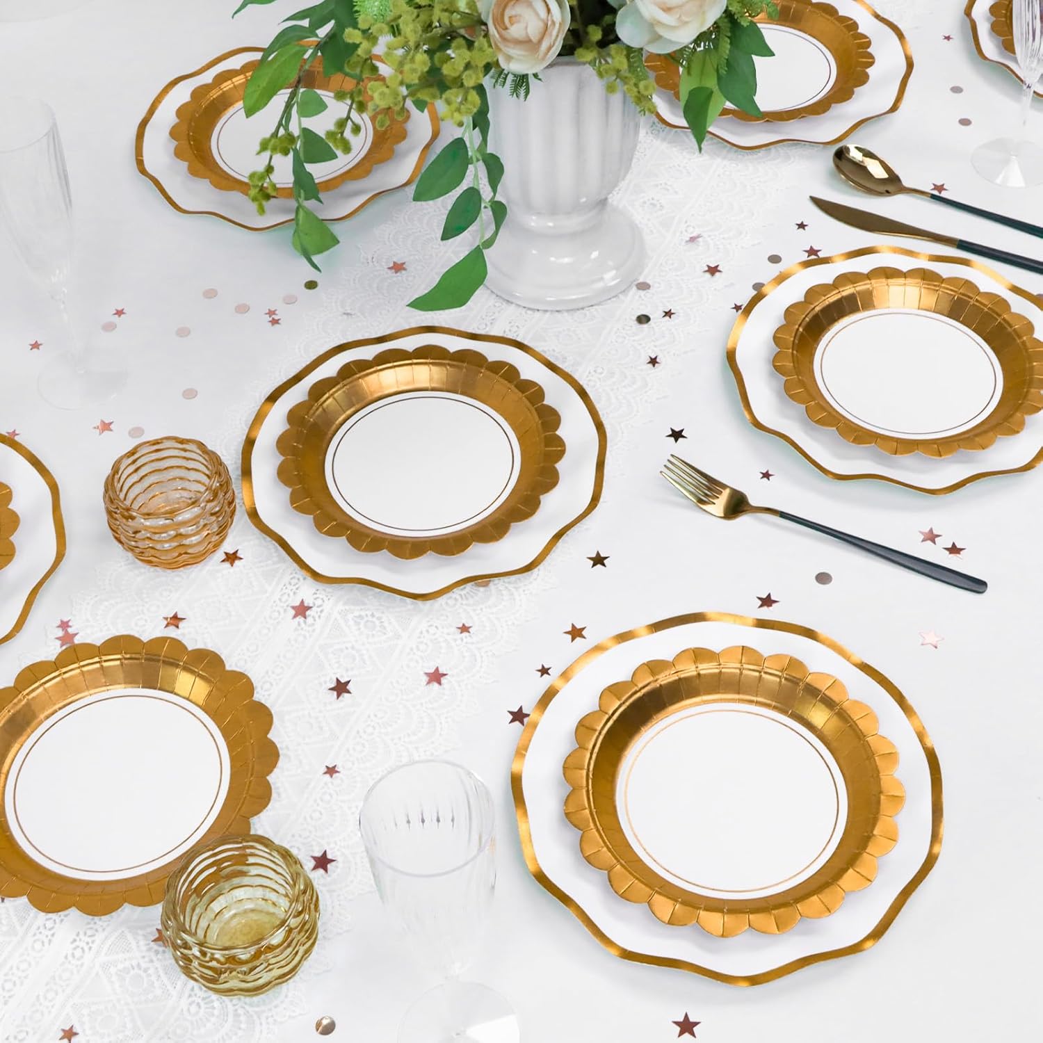 Gold and White Party Plates 100pk, Paper Plates with 50pk Dinner Plates & 50pk Dessert Plates - Disposable Plates Bulk Set Family Dinner Holiday Wedding Anniversary Birthday Party Dishware - Image 5