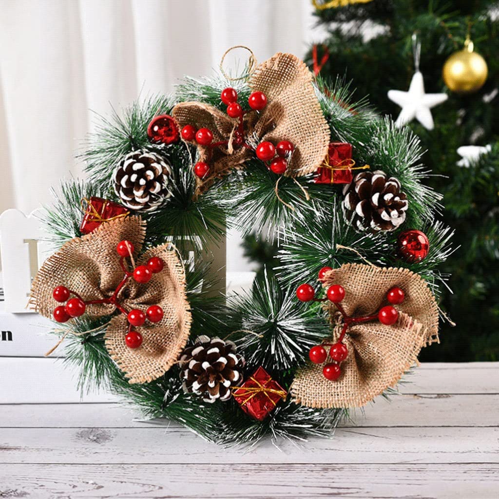 Sztuczny Wieniec Świąteczny Zimowy na Drzwi Wejściowe z Szyszkami Sosnowymi, Czerwonymi Jagodami, Padającym Śniegiem - 32 cm / 12,5 Cala (Kolor: Wieniec B)