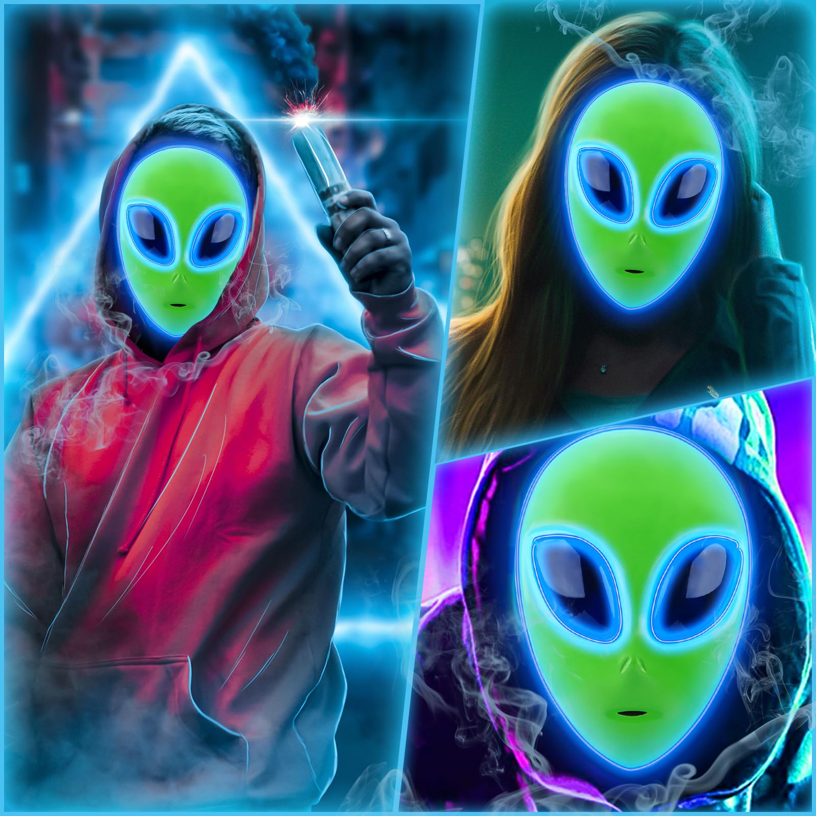 Tanganan LED Alien Mask for Adult,Halloween LED Light up Mask 3 Modes Lighted Face Mask for Festival Cosplay Halloween Costume (1pc) - Image 2