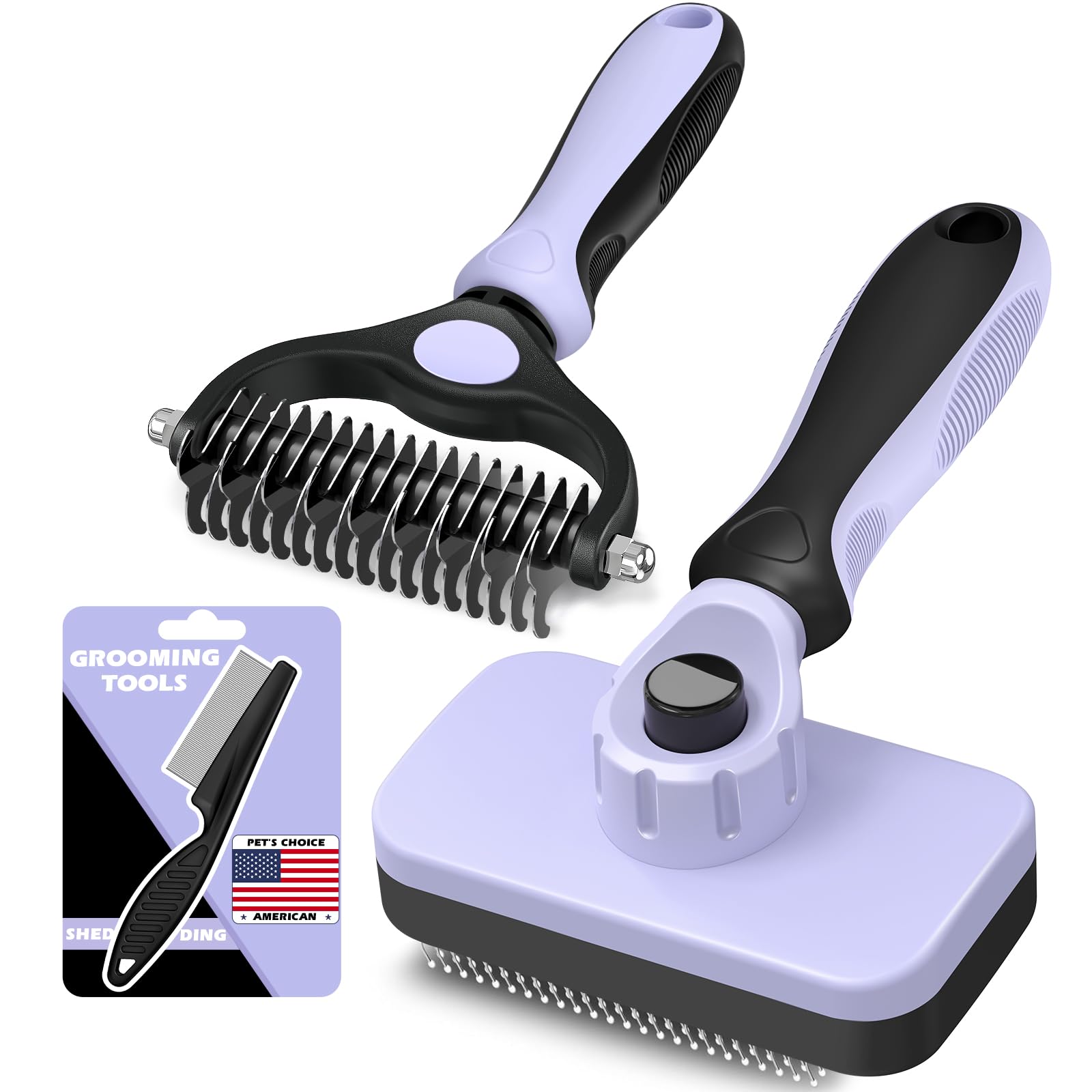 3PCS Self Cleaning Slicker Brush & Pet Grooming Rake & Bath Brush for Dogs,Cats and Horses | Double-Sided Dematting Comb & Skin Friendly Deshedding Grooming Tool | Pet Supplies(Light Purple Black)