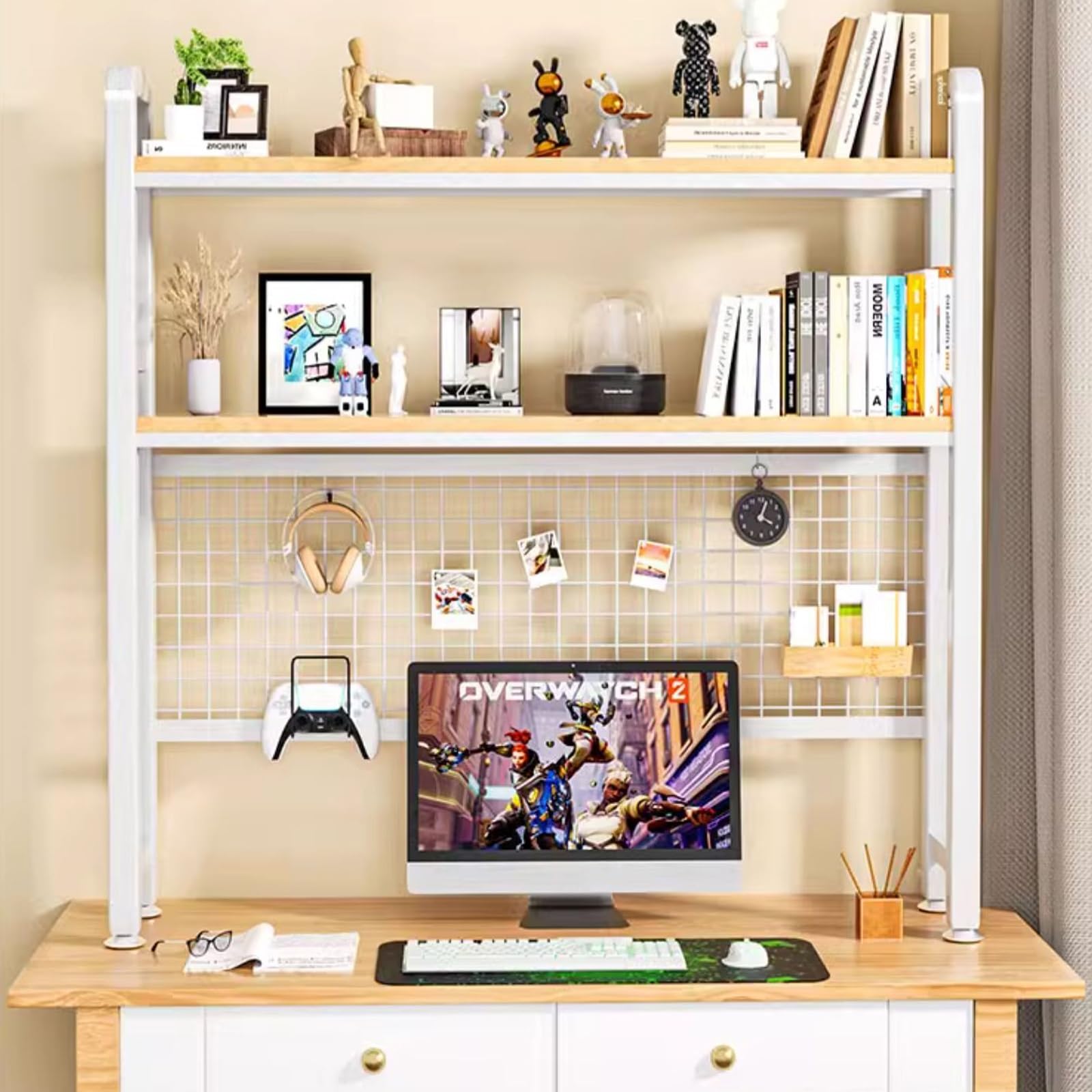 Pionowy regał na książki, 2-półkowy, małe biurko, biblioteka z haczykami, kompaktowy regał na książki do domu, biura, sypialni, 95 cm, nowoczesne rozwiązanie do przechowywania