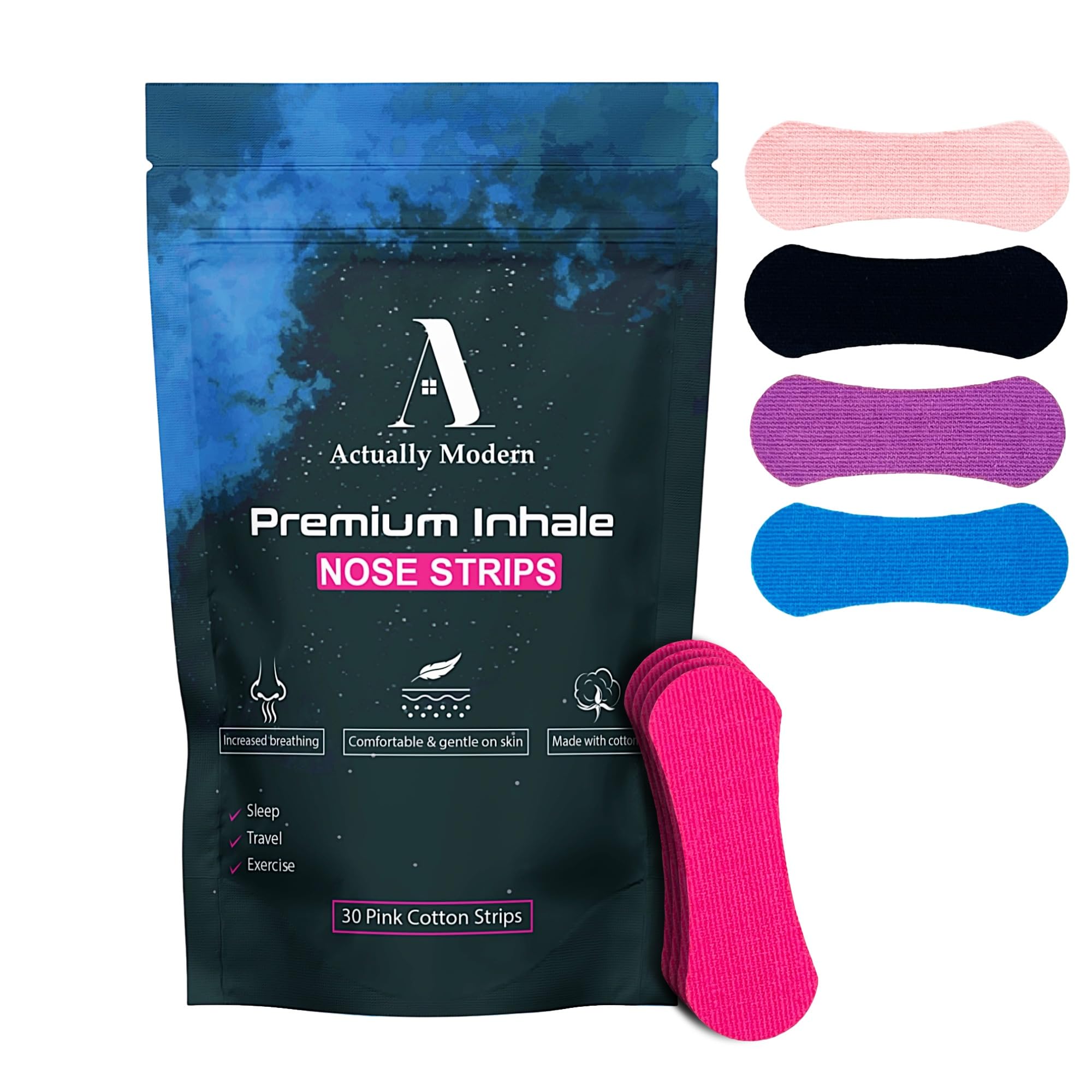 Inhale Nasal Strips for Sleeping - Nose Tapes for Breathing - Anti Snoring Solution & Nasal Congestion Relief Nasal Tape - Universal Fit, Extra Strength for Sensitive Skin (Pink)