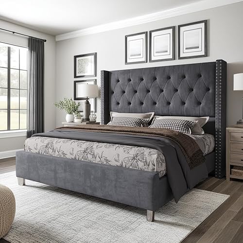 Miniatura 13 de Jocisland Base de cama tapizada de terciopelo tamaño King, con plataforma capitoné de perfil bajo, cabecera con alas elevadas, soporte de listones