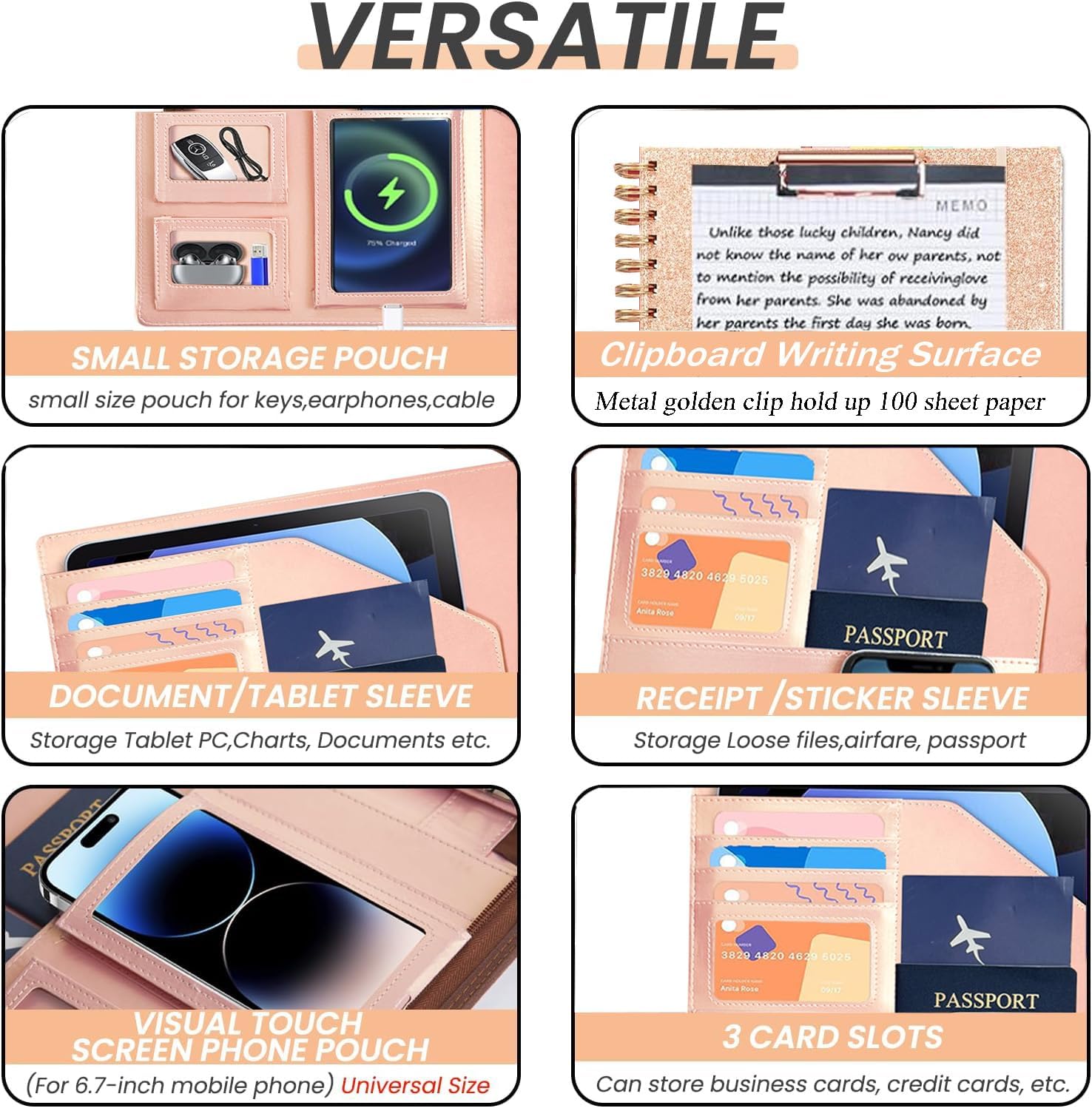 Foldable Spiral Clipboard Folio with Storage Zipper Pouch, 5 Plastic Folders with Pockets,Refillable Lined Notepad (8.5" x 11"), Hardcover Project Organizer with 36 Stickers - Image 4