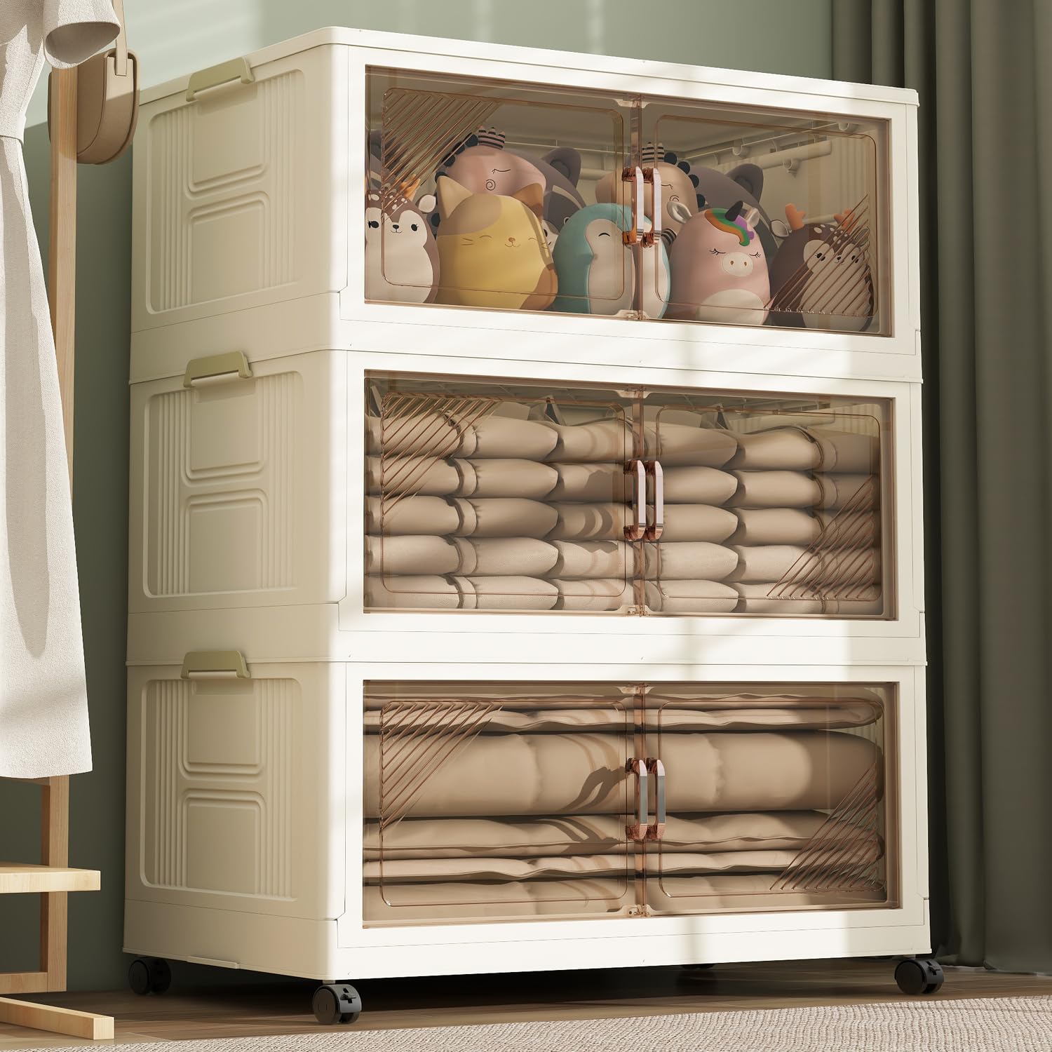 Storage Bins with Lid, 36 Gal Extra Large Collapsible Storage Bins, 3 Packs Stackable Storage Bins with Wheels,Closet Organizers and Storage, Double Door Stackable Storage Bins for Home, Office, Dorm