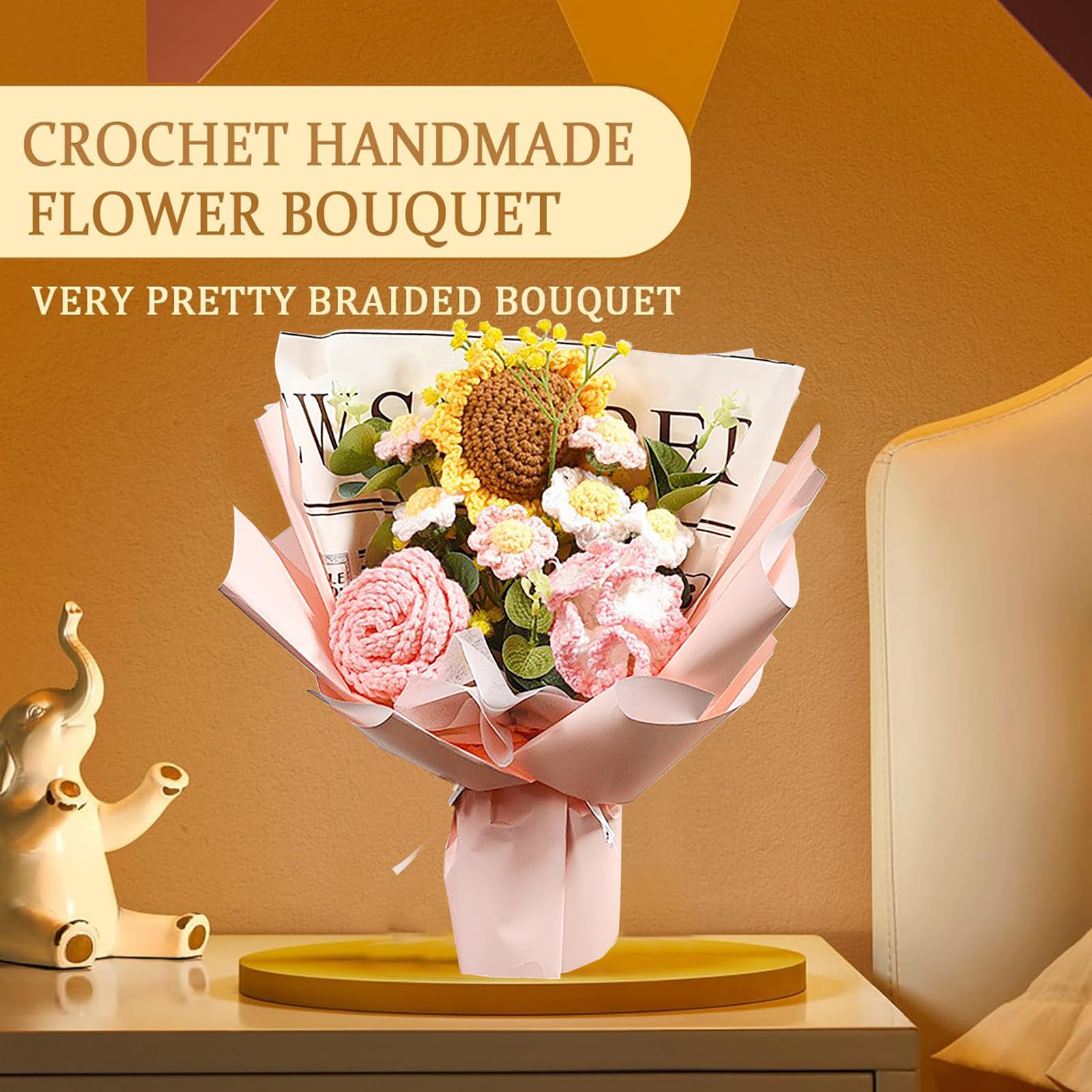 Bouquet de Fleurs au Crochet Fait Main, Tournesol Artificiel, Roses, Marguerites, Kit Cadeau Fête des Mères