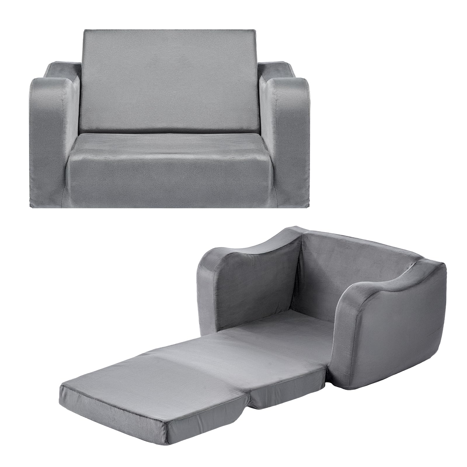 VEVOR Canapé pour Enfants 2-en-1 Convertible en Chaise Longue, Canapé-lit Pliable et Moelleux, avec Accoudoirs, en Éponge 28D et Poils Courts, Sofa Tout-Petits pour Chambre d’Enfants, Gris, M