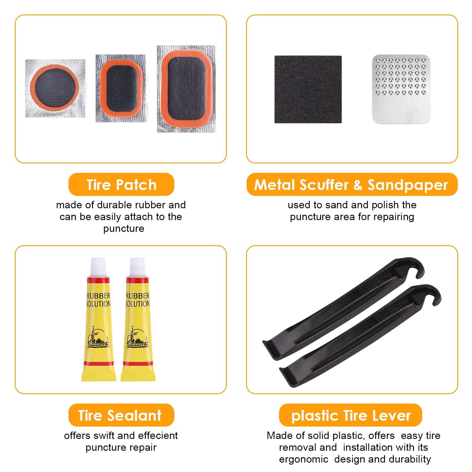 Kit Riparazione Pneumatici Bici con 20 Toppe in 3 Misure, 2 Colla, 2 Levagomme, 4 Lime Metalliche, Accessori Portatile per Camera d'Aria di Bici, Moto e Scooter Elettrico