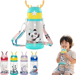 Pack of 1 Antler Lid Water Bottle 600ml | Leak Proof Straw Bottle with Strap | Portable Clear Water Bottle with Cartoon Design | Ideal for School, Tra