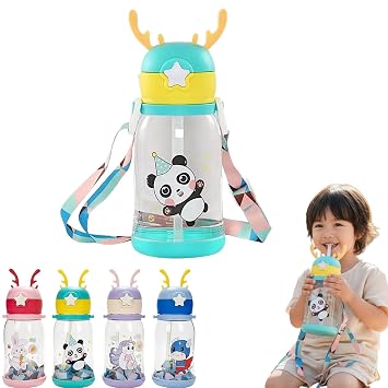 Pack of 1 Antler Lid Water Bottle 600ml | Leak Proof Straw Bottle with Strap | Portable Clear Water Bottle with Cartoon Design | Ideal for School, Travel, Sports & Kids | Mix Colour, Pack of 1