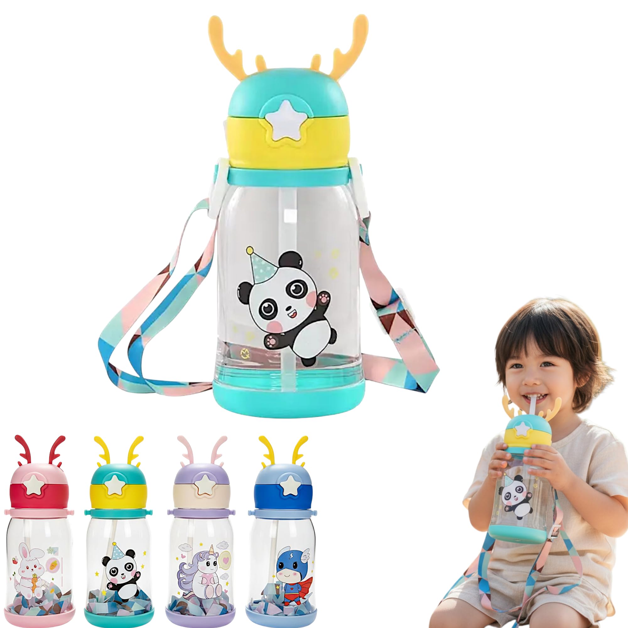 Antler Lid Water Bottle 600ml | Leak Proof Straw Bottle with Strap | Portable Clear Water Bottle with Cute Cartoon Design | Ideal for School, Travel, Sports & Kids | Mix Colour, Pack of 1-image-45