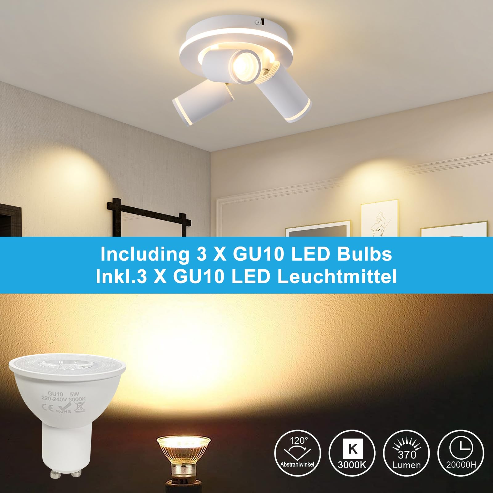 SANSHI Rotonda Faretti da Soffitto Orientabili Interno LED 3 Luce,Faretti da Parete con Inferiore 15W+3x5W,GU10 Lampadario Faretti,Moderna Plafoniera Faretti Bianco Caldo 3000K per Cameretta,Bianco