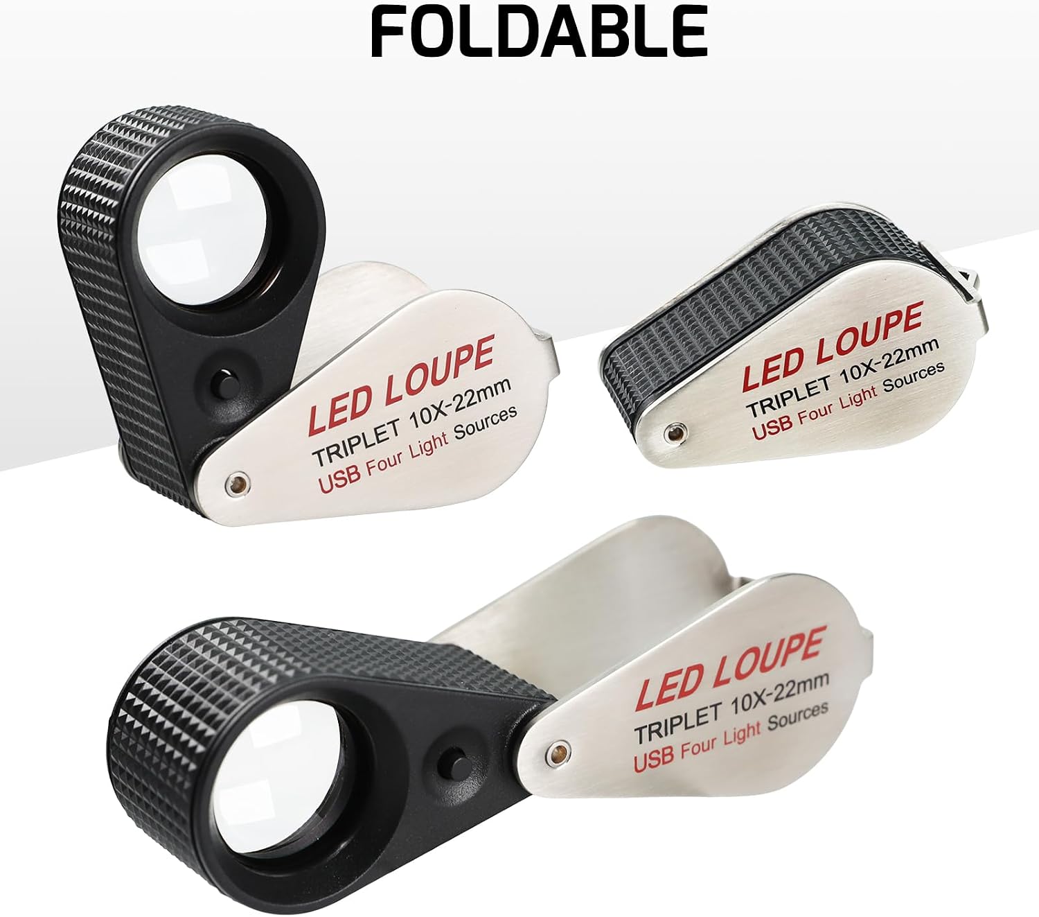 10X Rechargeable Jewelers Loupe, Jewelry Loupe with UV & LED Light, Foldable Hasting Triplet Magnifier, Illuminated Eye Loop Jewelry Magnifying Glass for Gemstone, Coins and Stamps(4 Lights Mode)