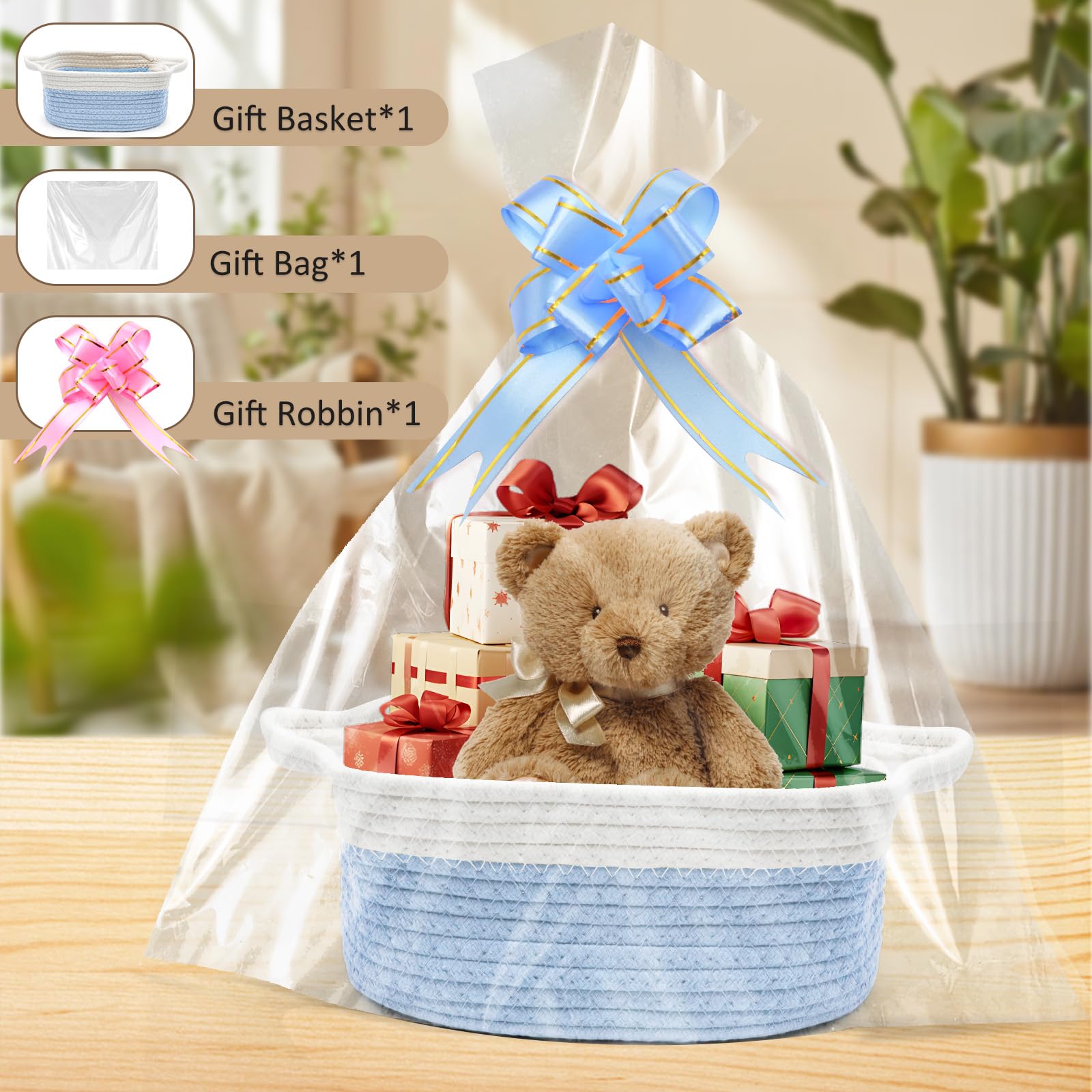 Cestino regalo vuoto 30 x 20 x 12 cm, cestino intrecciato con sacchetti regalo e nastri, cestino regalo vuoto per Natale, compleanno, matrimonio, cestino portaoggetti, cestino decorativo (blu)