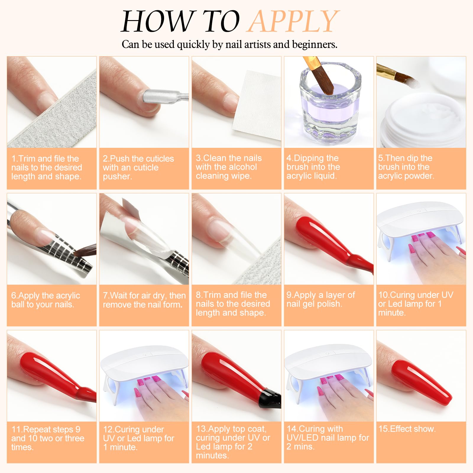 Peacecolor Kit Uñas Acrilicas, 30PCS Acrilico para Uñas Profesional con 30ML Monomero, 4 Colores Pintauñas Semipermanentes con Lampara Uñas, Kit Acrilico Uñas Completo Profesional