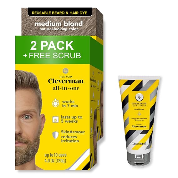 Cleverman 2 Pack Reusable Hair & Beard Dye for Men Medium Blond + 1 Free Energizing Face & Beard Scrub