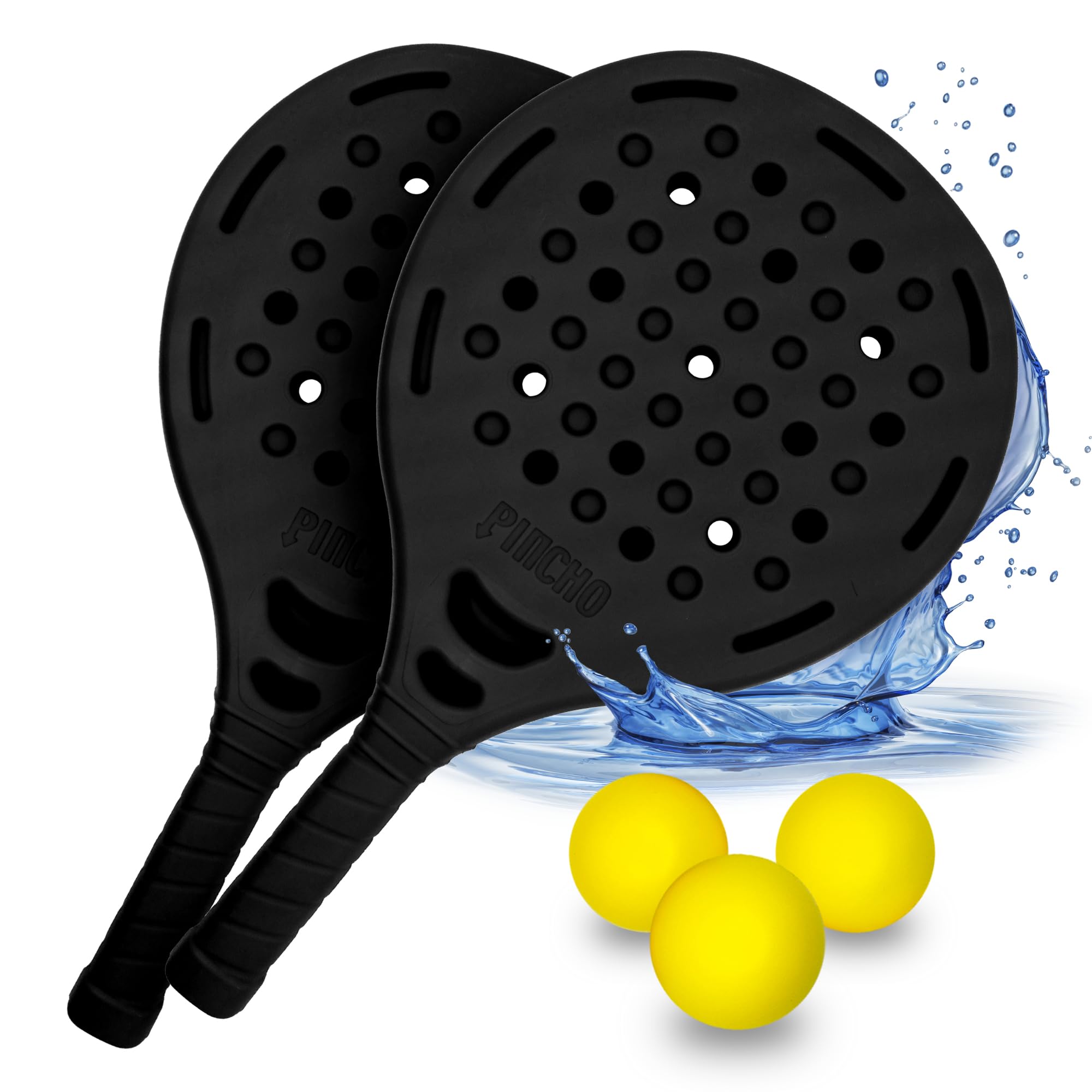 Racchettoni da Spiaggia Set - PINCHO - Beach Tennis, Giochi da Spiaggia, Palline Beach Tennis Eva, Padel Racchetta Water Resistant, Giochi da Giardino - 2 Racchette + 3 Palle, 44 cm, 260 g