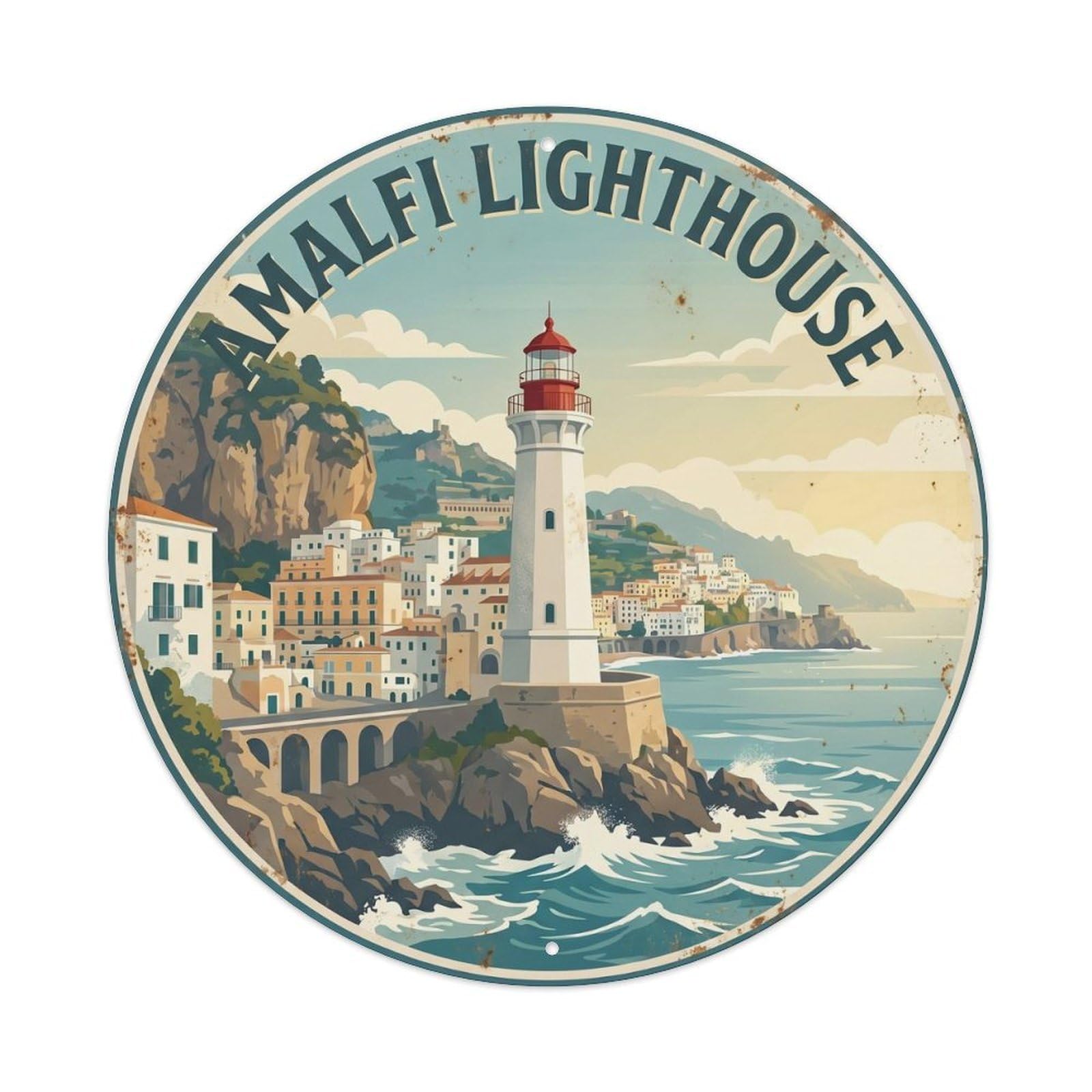 Vintage Travel Amalfi Coastal Lighthouse Landmark Metal Tin Sign Plaque