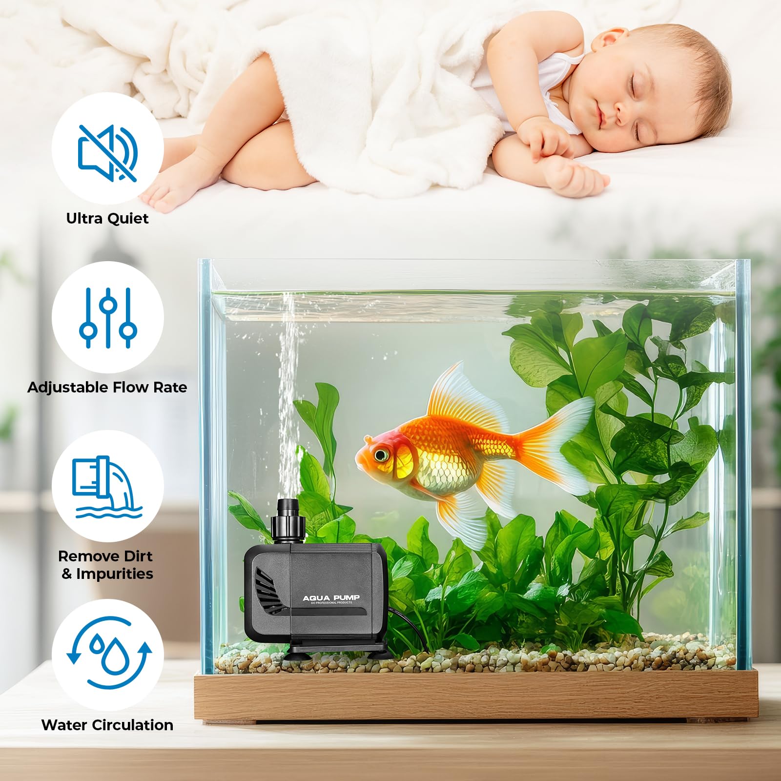 Pompa Sommersa 65W 3600L/H, Sommersa Silenziosa, Pompa per Laghetto,Massima di Sollevamento 3m, con Filtro e 6 Ugelli,3 Dimensioni:16/19/25mm, Ideale per Acquari e Laghetti,Fontane