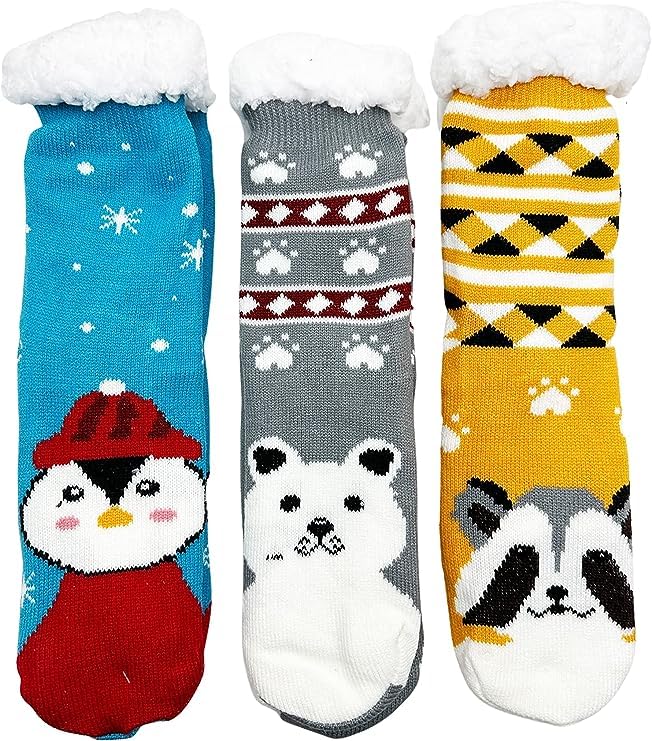 Starvis Fluffy Thermal Sherpa Slipper Socks, Ultra Soft Christmas Winter Non Skid Snowflake Fleece white soft terry fur Lining Knit Thick thermal Warm Christmas (Assorted Mix design) (Pack of 1) 4