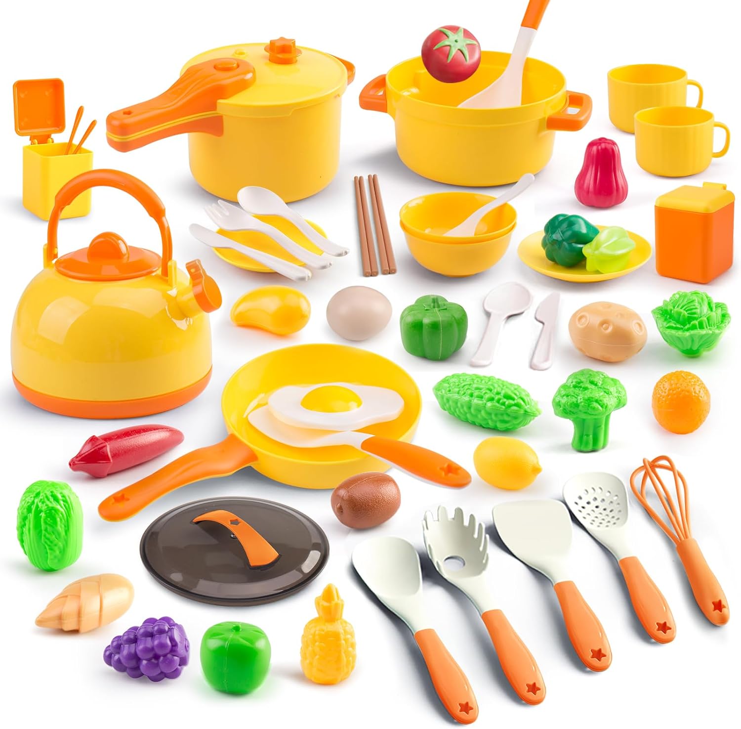 60Pcs Kids Mini Play Kitchen Accessories, Pretend Cooking Play Set with Cookware, Tableware & Fruit & BBQ Sets, Learning Gift for Boys, Girls, Toddlers,Yellow