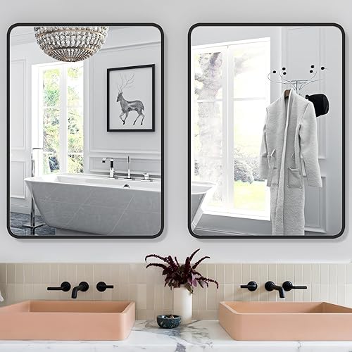 Miniatura 10 de Espejo rectangular de madera para pared de 18 x 24 pulgadas, espejo rectangular de esquina redondeada negra con marco de madera para tocador,