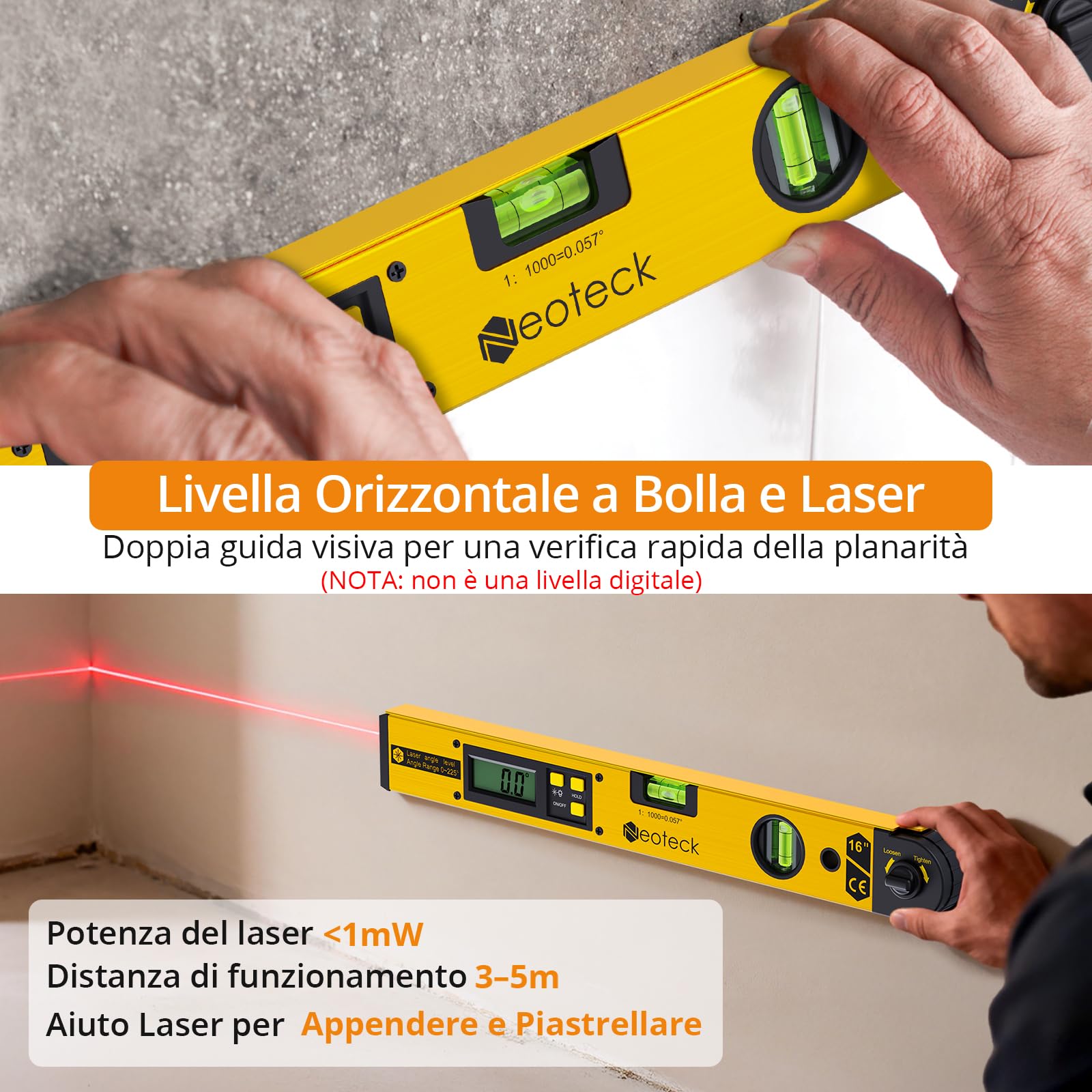 Neoteck Inclinometro Digitale con Laser 0-225°/400mm in Alluminio Goniometro Laser 3-5m con Precisione ±0.5°, Display LCD Retroilluminato Angle Finder Doppia Bolla Verticale Orizzontale -Dorata