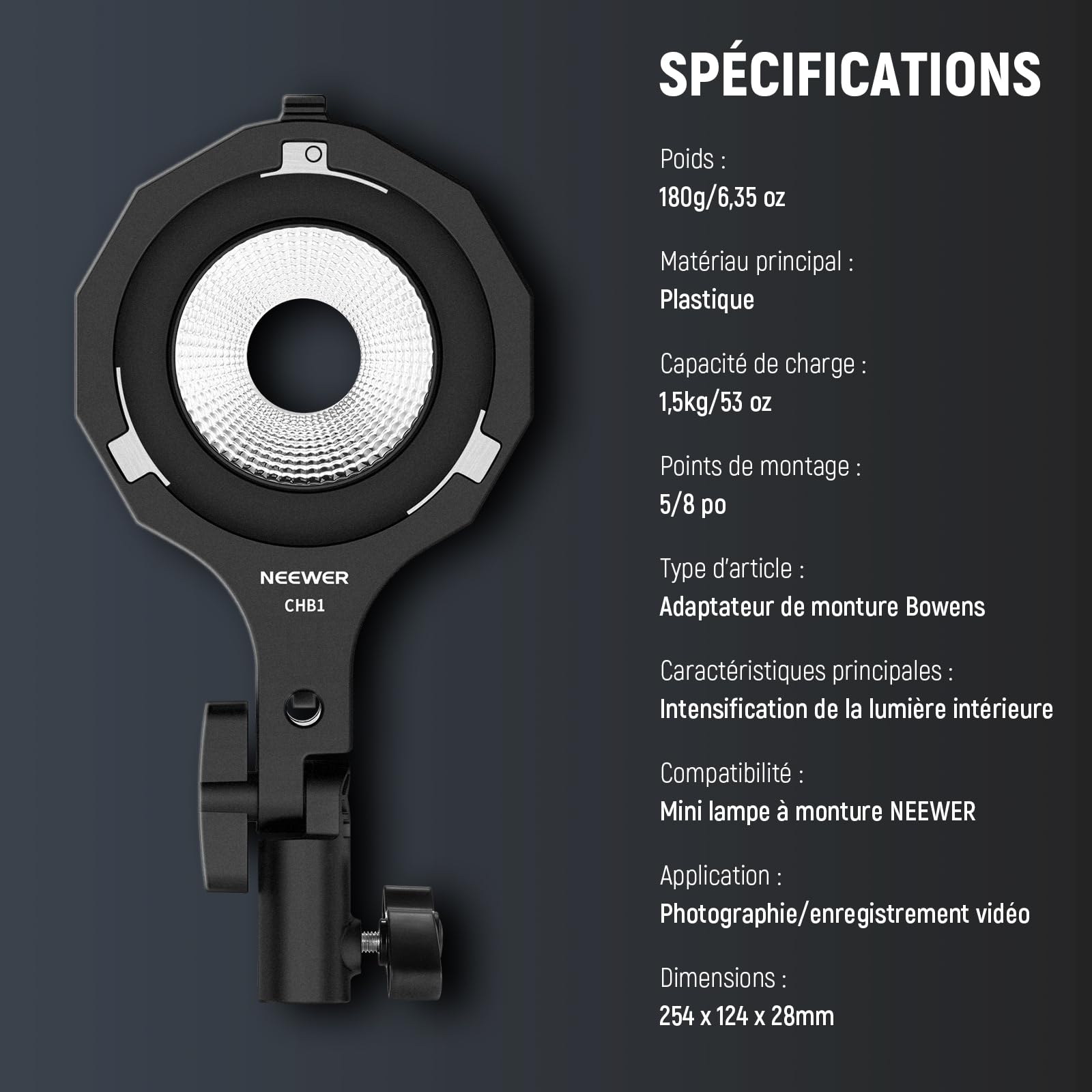 NEEWER Adaptateur de Monture Bowens, Mini Adaptateur de Mont Bowens avec Douille Parapluie, Récepteur 5/8", Inclinaison à 180° Compatible Uniquement avec NEEWER HS60B/HS60C Lampe Vidéo Portable, CHB1