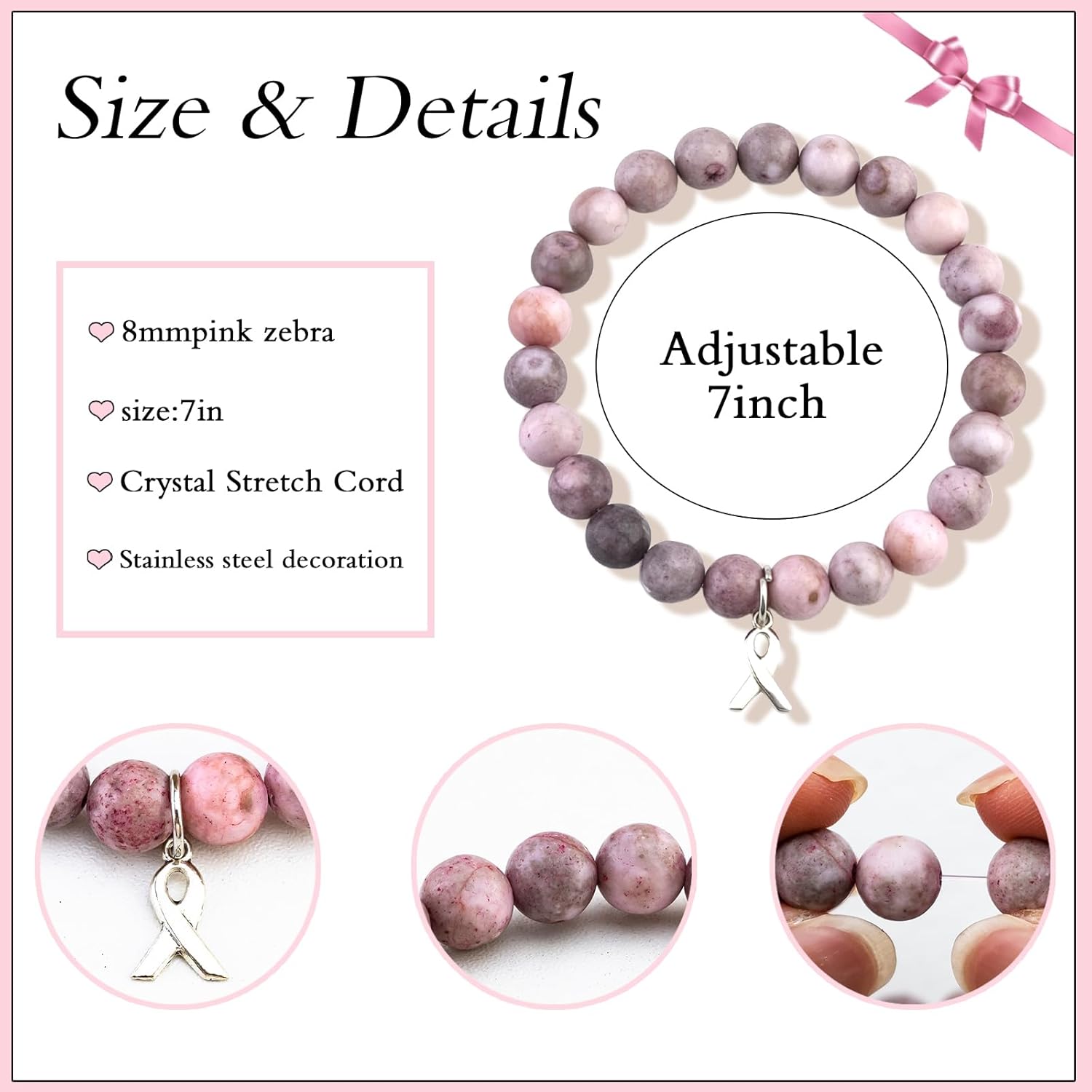 Breast Cancer Bracelets Natural Stone Bead Breast Cancer Awareness Bracelets with Ribbon Charm Inspirational Encouragement Gift with Message Card for Women - Image 2