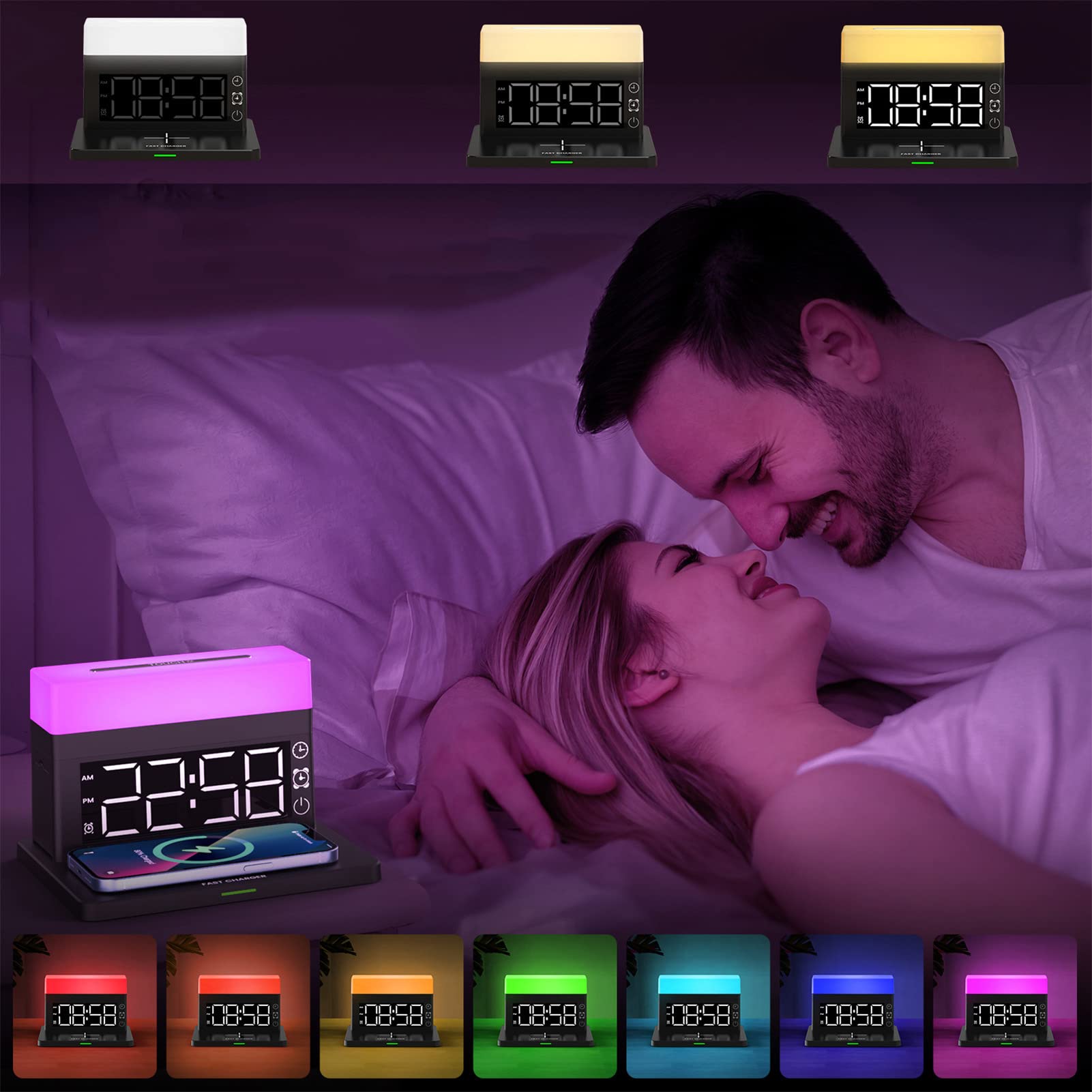 Hidyliu Support de Charge sans Fil 15 W avec Lumière Ambiante Colorée et Fonction Réveil pour Un Usage Domestique, Chargeur 6 en 1 pour Smartphones et Montres Intelligentes (Noire)