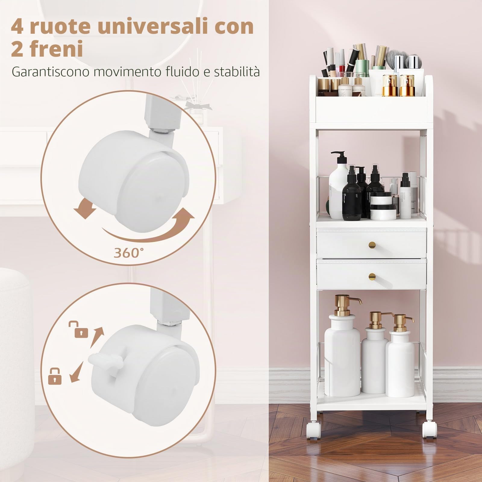 GIANTEX Carrello portaoggetti per cosmetici, organizer per trucchi, con 2 cassetti, 2 ripiani aperti e cubi, 4 ruote, 30 x 30 x 90 cm, carrello multifunzionale per bagno, camera da letto
