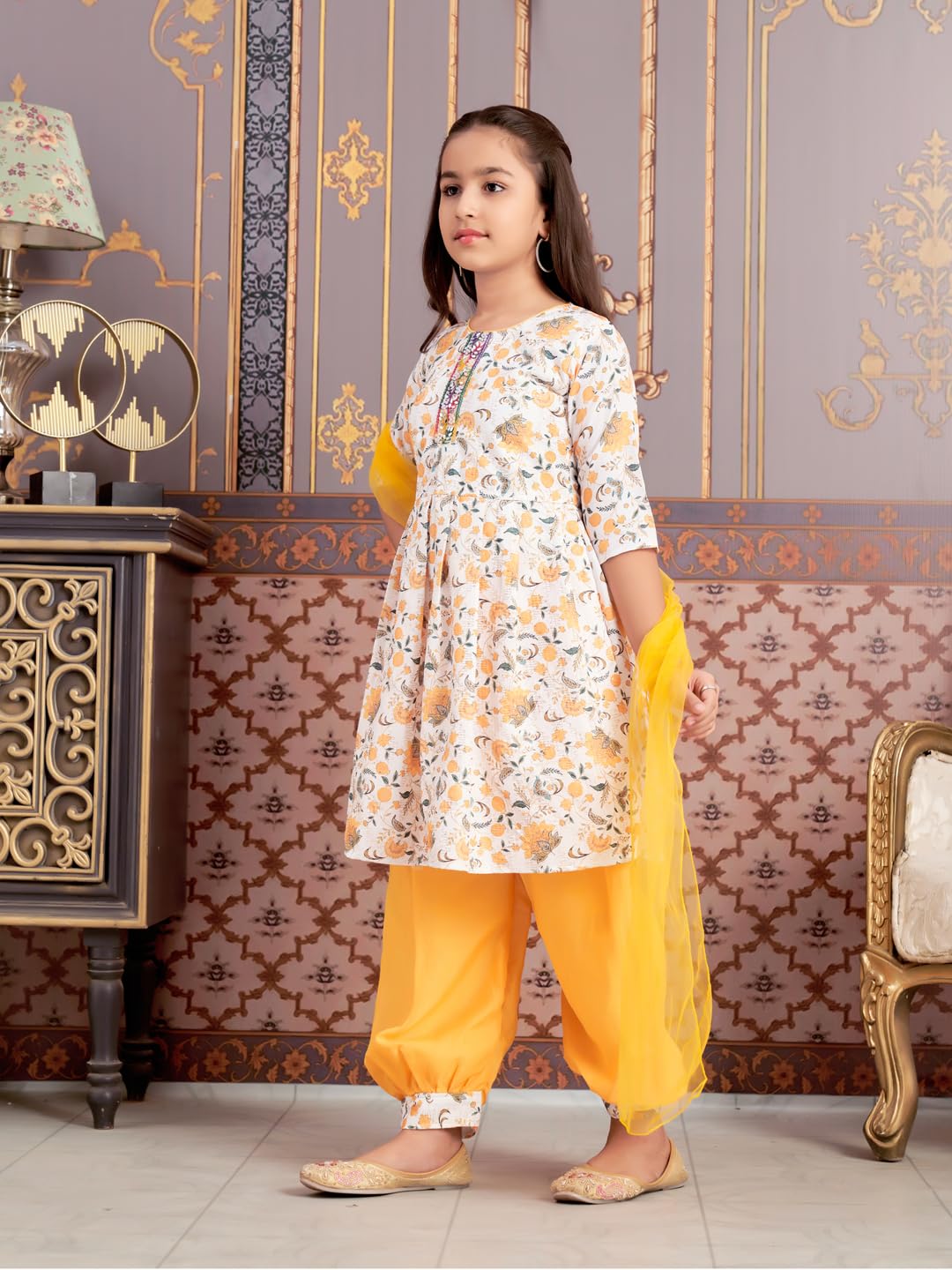 Aarika Girls Ethnic Wear Yellow-White Colour Floral Print Beads Work Polycrepe Kurti Patiala Set With Dupatta-3-13 Years (Pt-Shm-5006)