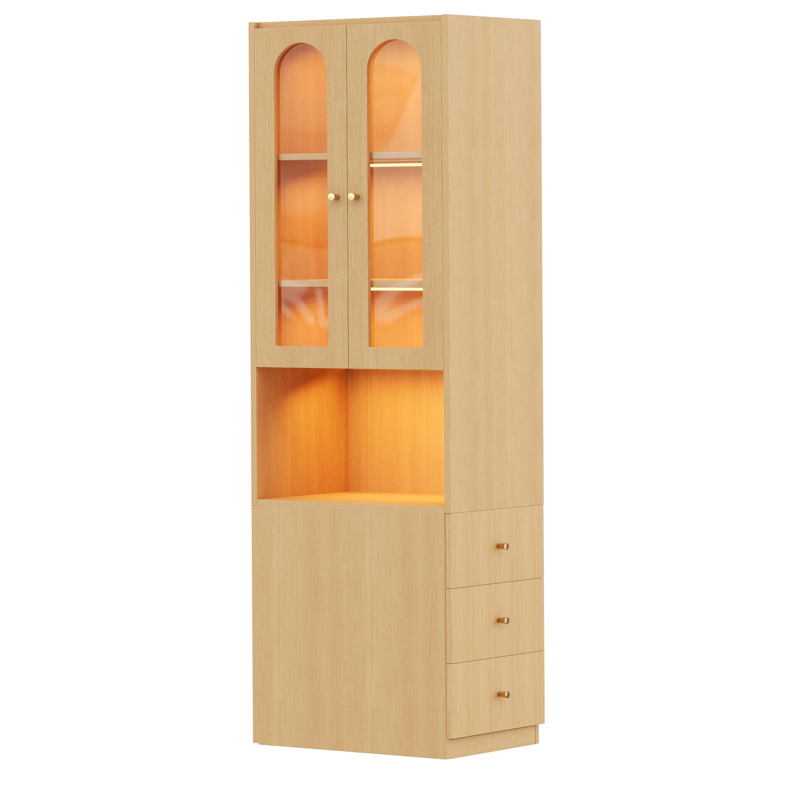 BTM Bücherschrank mit Glastüren, Vitrinenschrank mit LED & Schubladen Schmal Hochschrank Schrank Wohnzimmer, Holzoptik