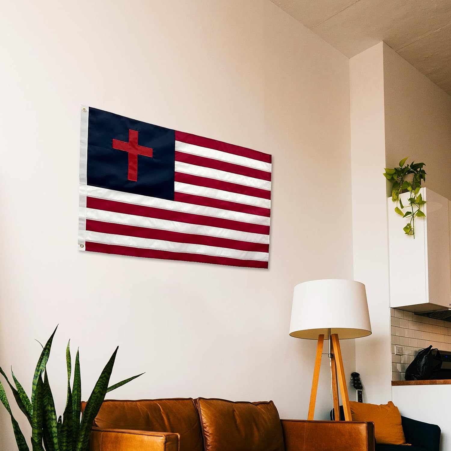 AMZFLAG American flag with Cross 3X5 ft, Embroidered Christian Flag Jesus Christianity Easter Day Cross Flags with 2 Brass Grommets for Decoration