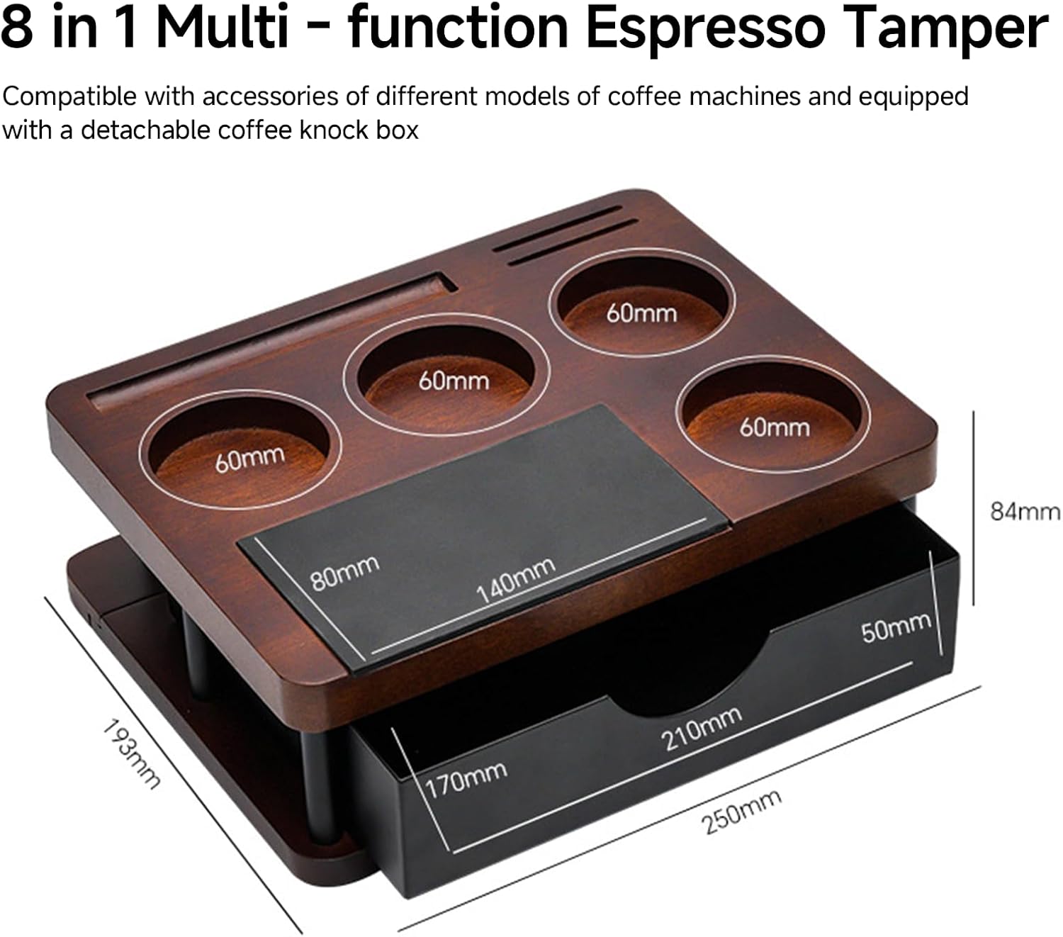 Espresso Tamping Station with Knock Box, 8-in-1 Wooden Coffee Organizer, Espresso Knock Box & Tamping Station 58mm, Fits 51/53/54/58mm Portafilter Tamper Distributor for Home Barista image 2