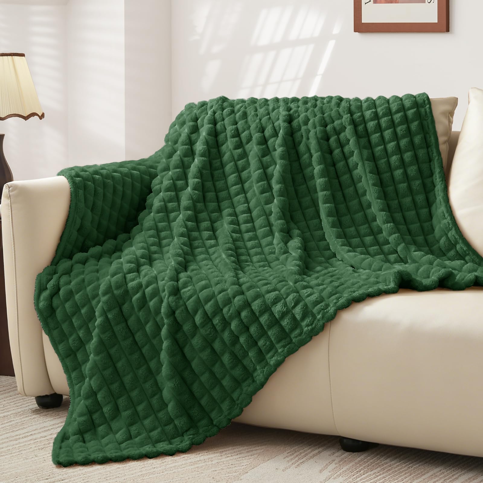 Bedelite Women's Dark Green Fluffy Fleece Twin Blanket - Couch Throw Checkered Design Soft Cosy Warm Blankets For Double Bed, Gifts For