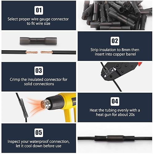 Miniatura 5 de 50 conectores de cable a tope termorretráctiles, 50 unidades de 14-12 AWG con aislamiento negro, impermeables, conectores de cable eléctrico