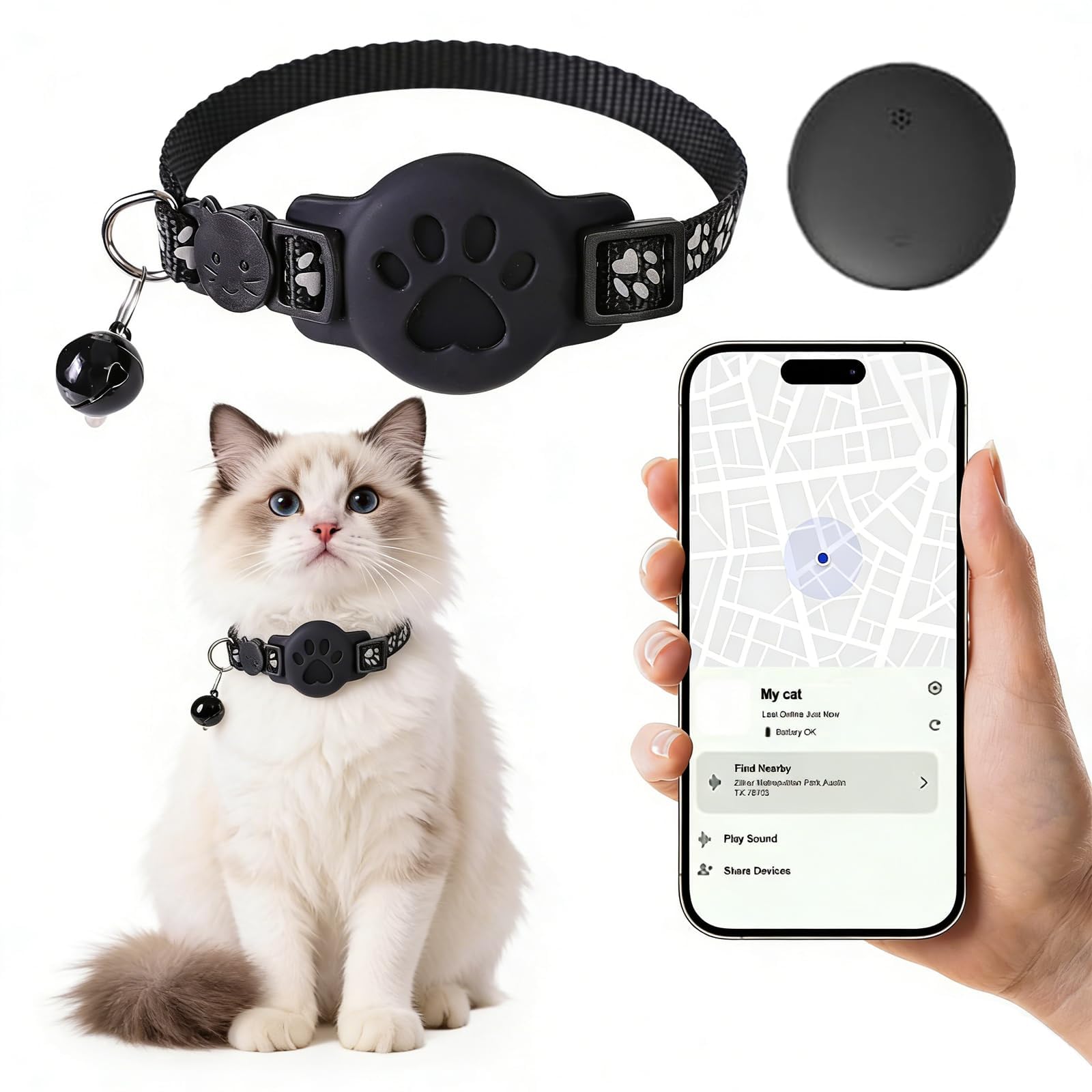 Collier GPS pour Chat avec Traceur Bluetooth Compatible avec Deux systèmes sans abonnement mensuel Traceur pour Animaux de Compagnie étanche, léger et réfléchissant Réglable et Amovible (19–32 cm)