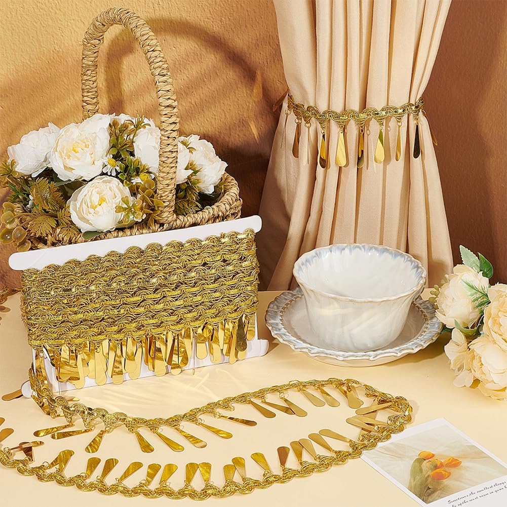 FINGERINSPIRE 10 Yards Sequin Tassel Trim 2-1/4 inch Wide Golden Braided Fringe Tassel Lace Ribbon Trim Polyester Gold Metallic Braided Teadrop-Shape Sequin Fringe Lace Ribbon for Sewing DIY Crafts