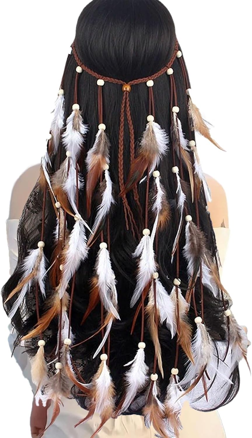 GWAWG 1 Pc Boho Feather Headband, Extra Long Version Indian Hair Accessories, Feather Headpiece in Coffee and White, for Beach Masquerade Carnival Festival, for Girl Women