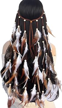 GWAWG 1 Pc Boho Feather Headband, Extra Long Version Indian Hair Accessories, Feather Headpiece in Coffee and White, for Beach Masquerade Carnival Festival, for Girl Women