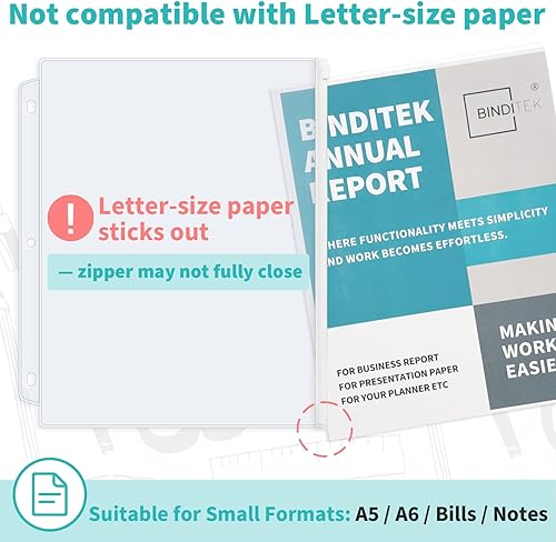 Miniatura 4 de Binditek Paquete de 40 bolsillos de plástico con cremallera, carpetas perforadas de 3 agujeros para carpeta de 3 anillas, PVC transparente con