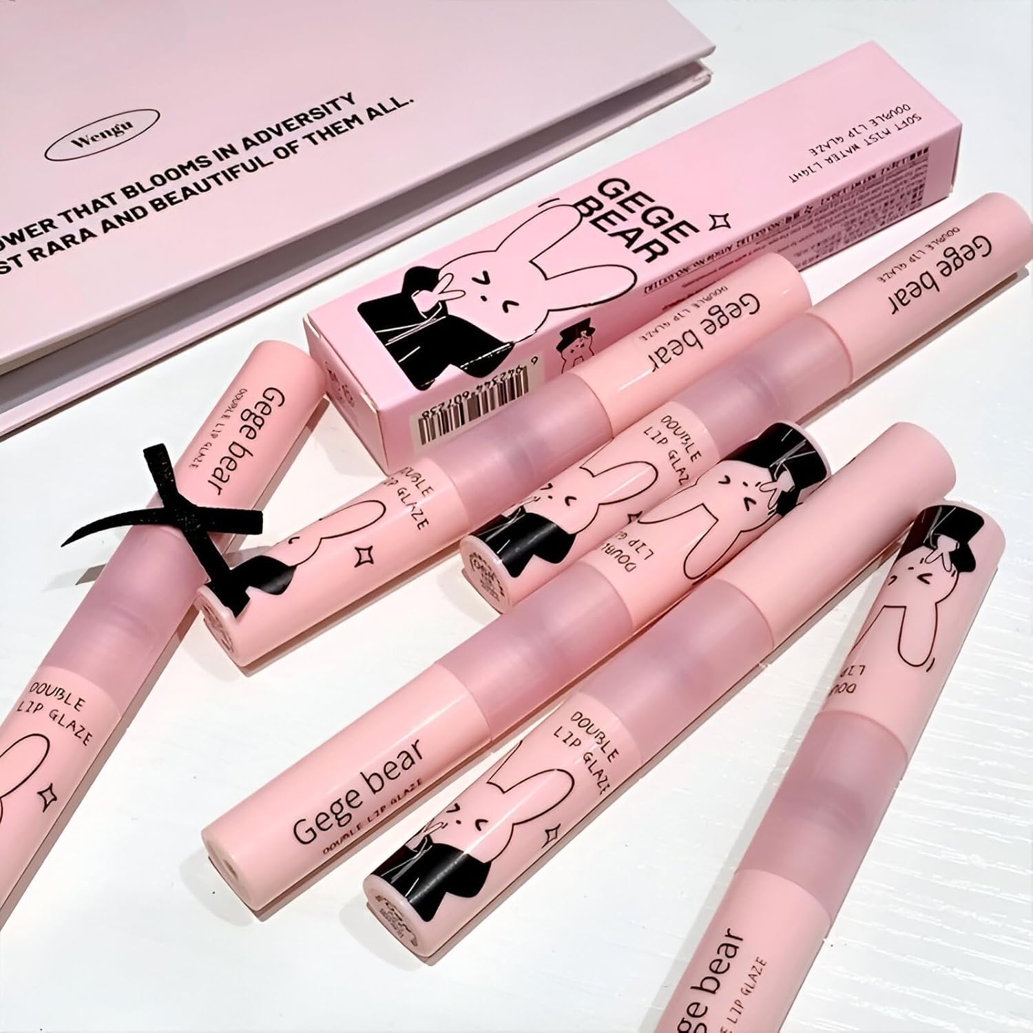 Gege Bear Soft Mist Double Lip Glaze | Dual-Effect Liquid Lipstick | Hydrating & Waterproof Lip Gloss | Stylish Pink Tube | Non-Drying, Glossy & Soft Matte Finish | Cute Bunny Tube For Gifting | Longstay Lip Gloss for Women | Nude & Bold Shades | Long Lasting Waterproof Lipsticks (01# Watermelon Frozen, 1.2gX2)-image-29