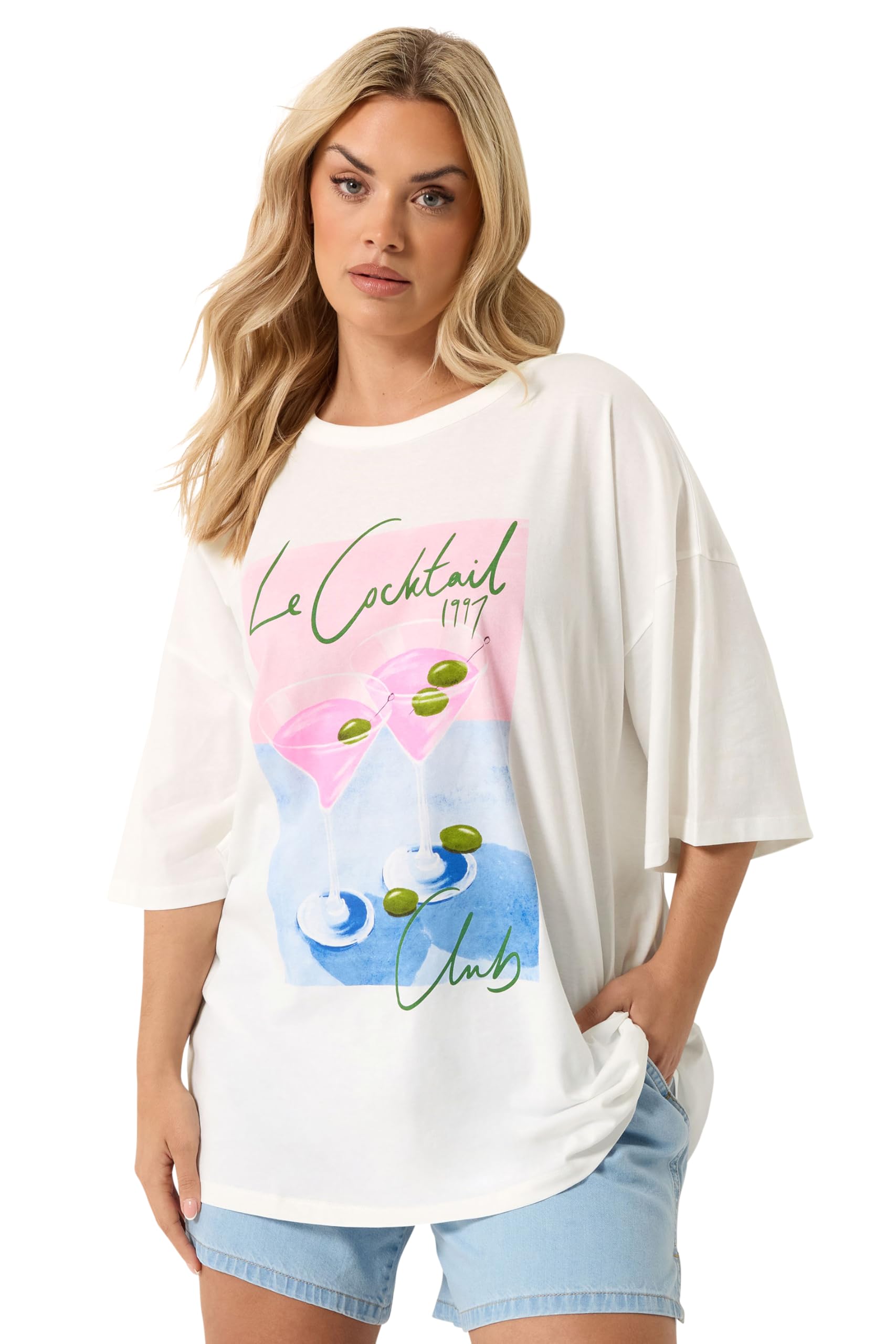 Yours Women's White 'Le Cocktail' Boxy T-Shirt In | Size: 22/24